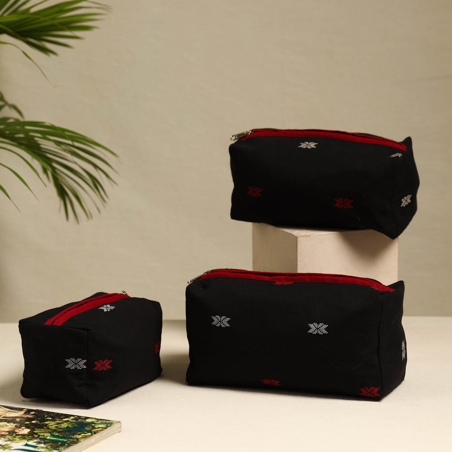 Black Handmade Cotton Toiletry Bags (Set of 3)