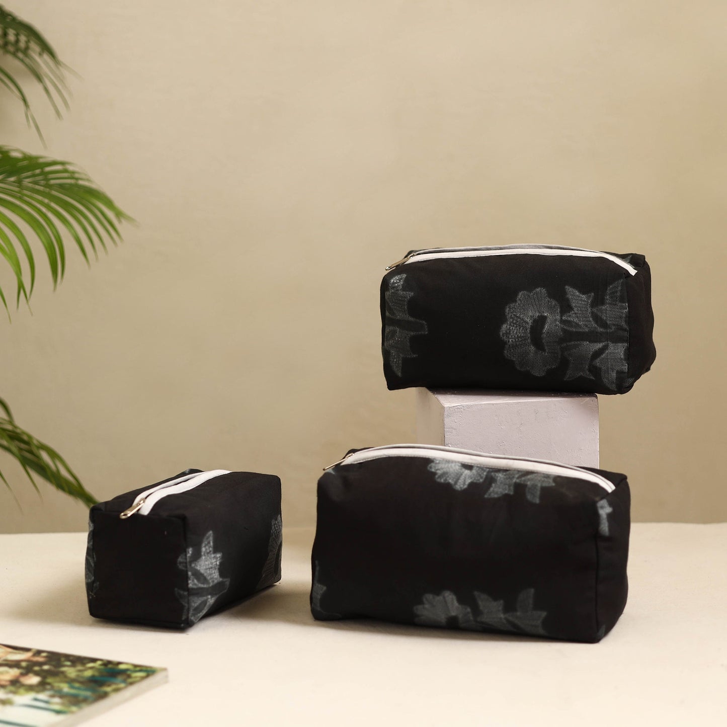 Black Handmade Cotton Toiletry Bags (Set of 3)