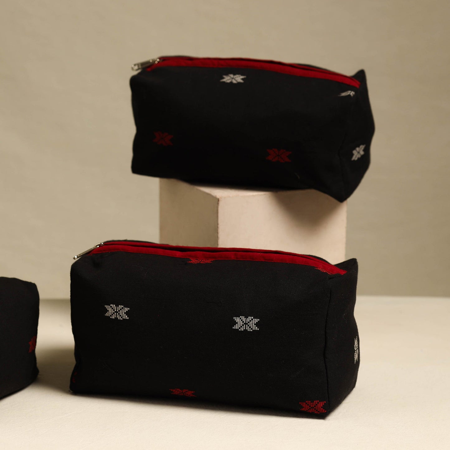 Black Handmade Cotton Toiletry Bags (Set of 3)