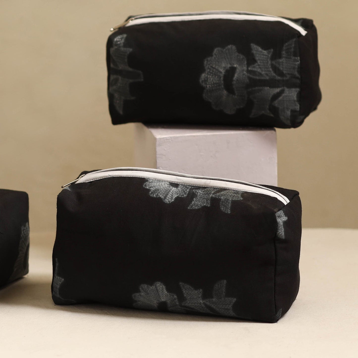 Black Handmade Cotton Toiletry Bags (Set of 3)