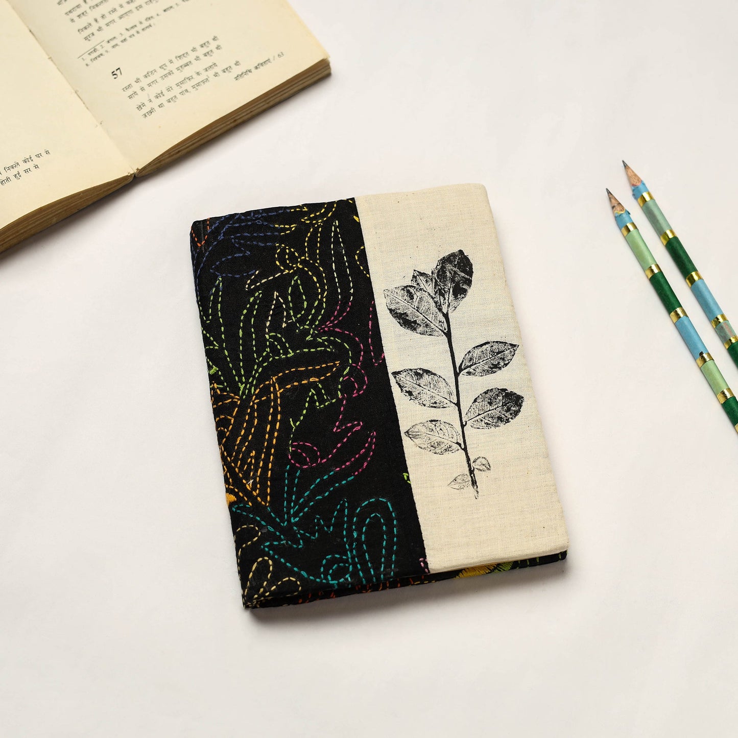 Black Handmade Paper Notebook with Eco Leaf Print Kantha Work