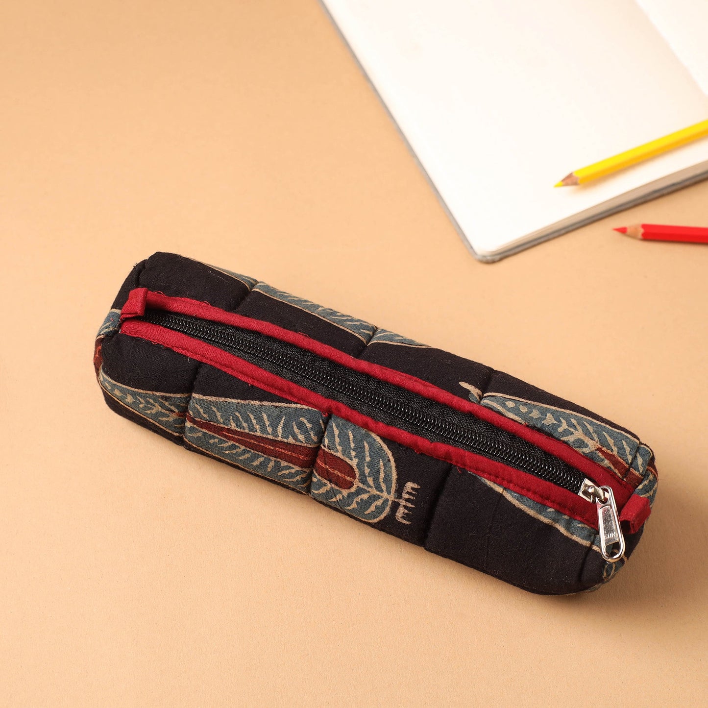 Black Handmade Quilted Cotton Pencil Pouch