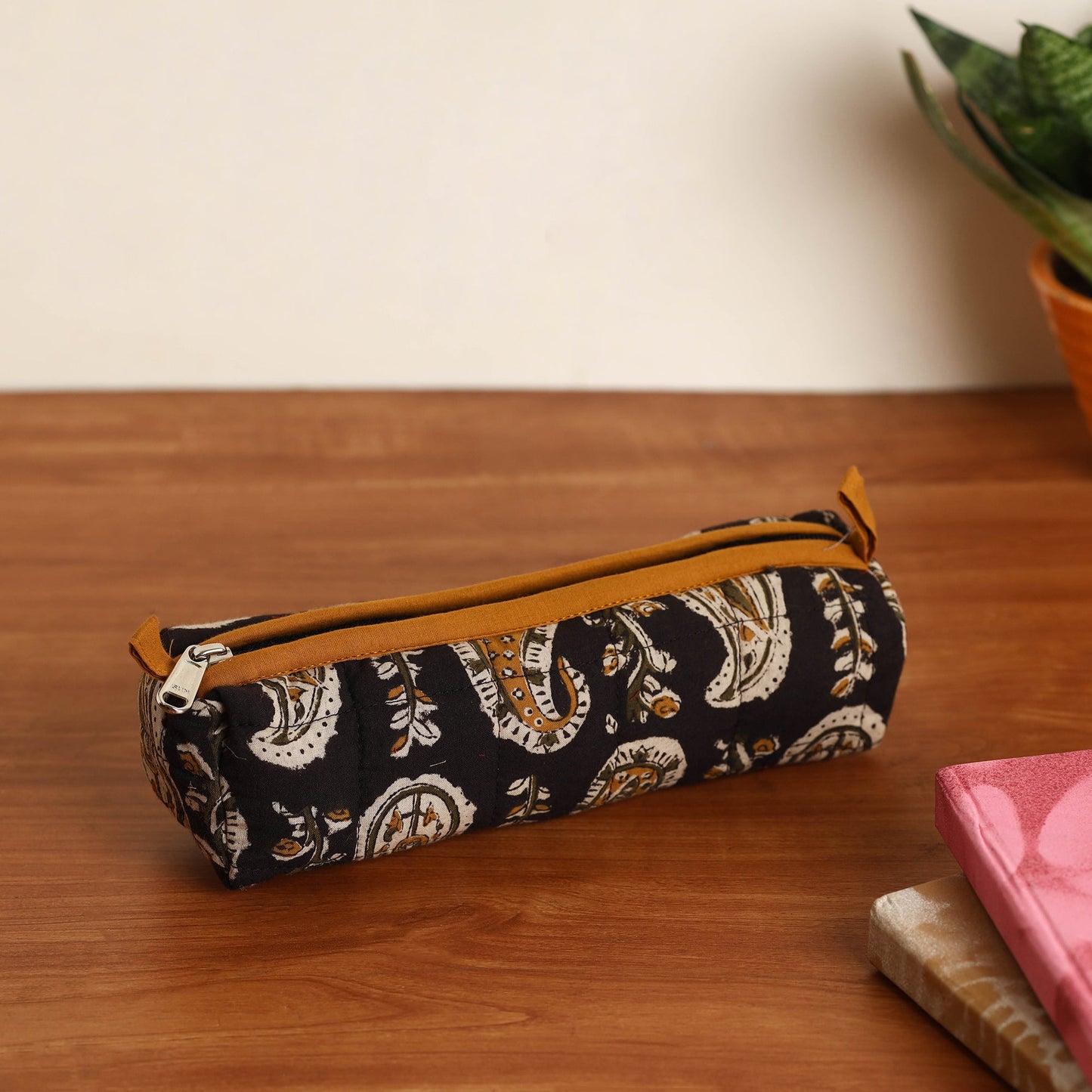 Black Handmade Quilted Cotton Pencil Pouch