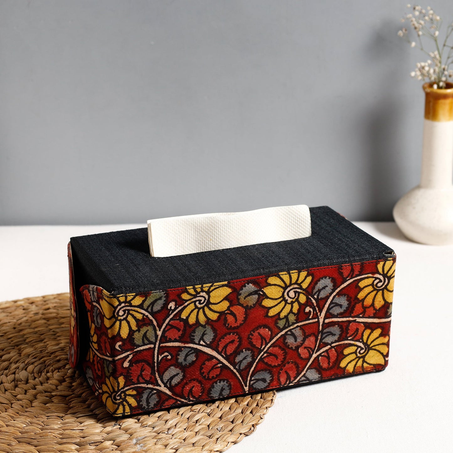 Black Handpainted Kalamkari Natural Dyed Cotton Tissue Box