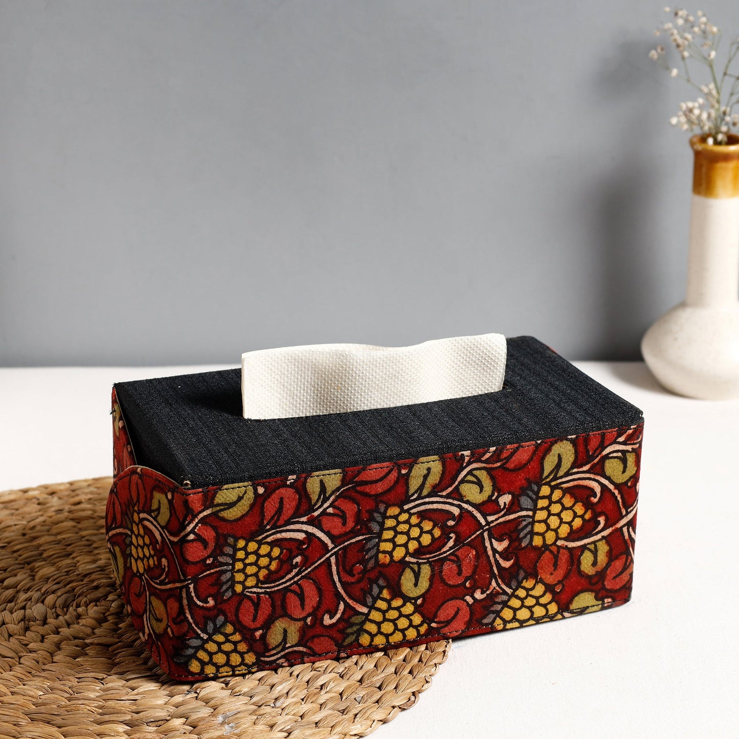 Black Handpainted Kalamkari Natural Dyed Cotton Tissue Box