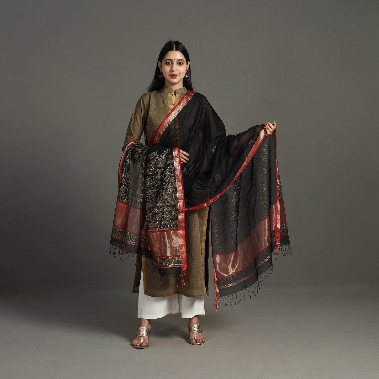 Buy Black Handpainted Maheshwari Silk Madhubani Dupatta
