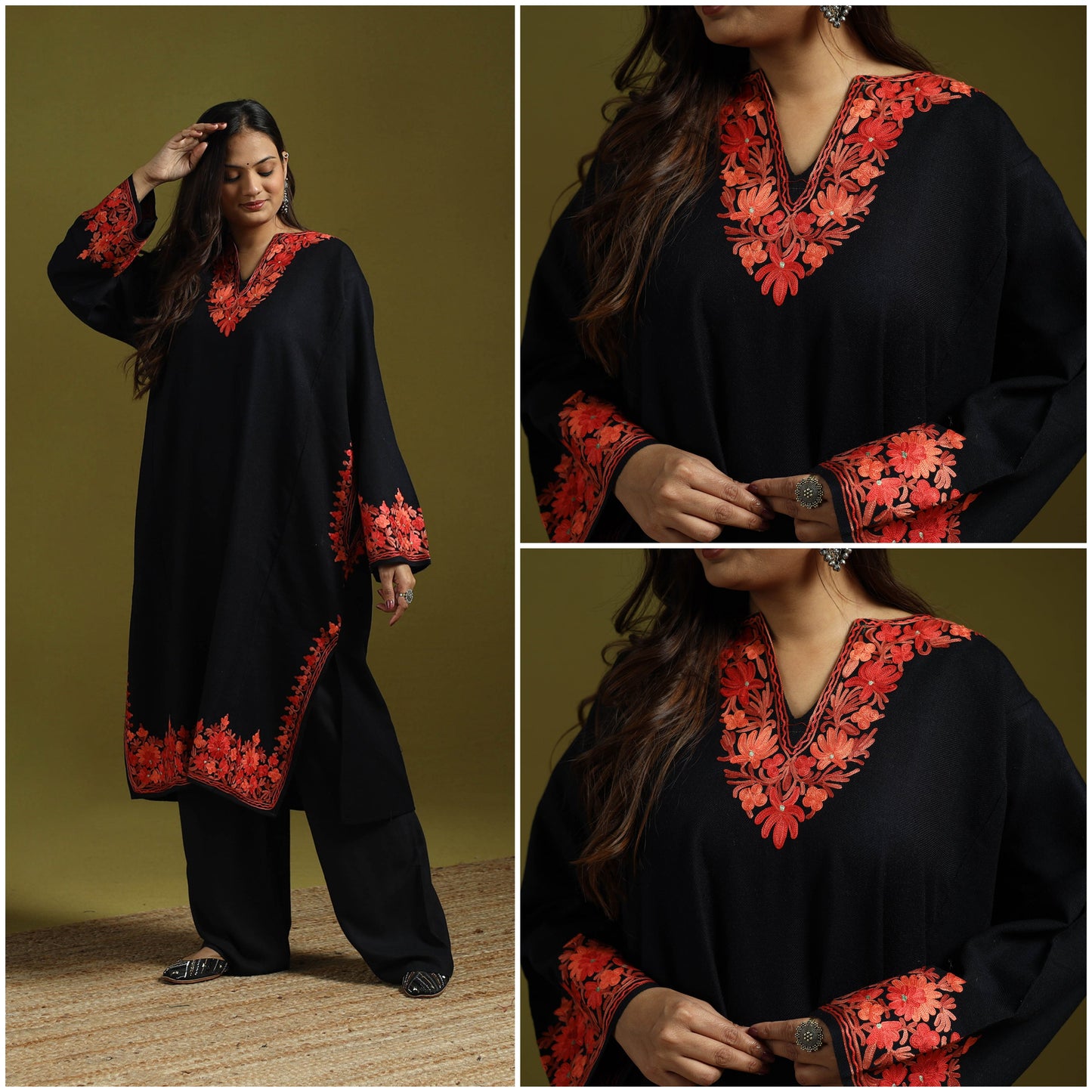 Black - handwoven aari embroidered kashmiri merino wool