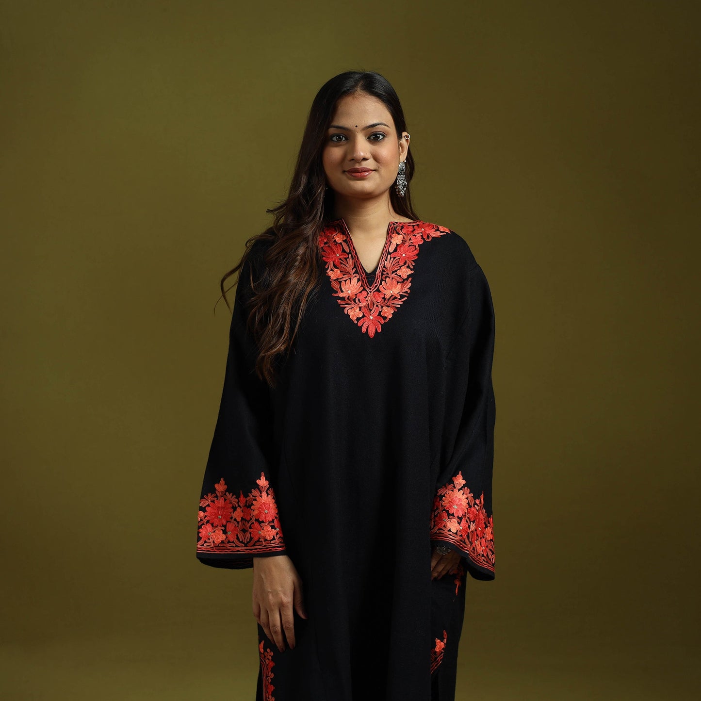 Black - handwoven aari embroidered kashmiri merino wool
