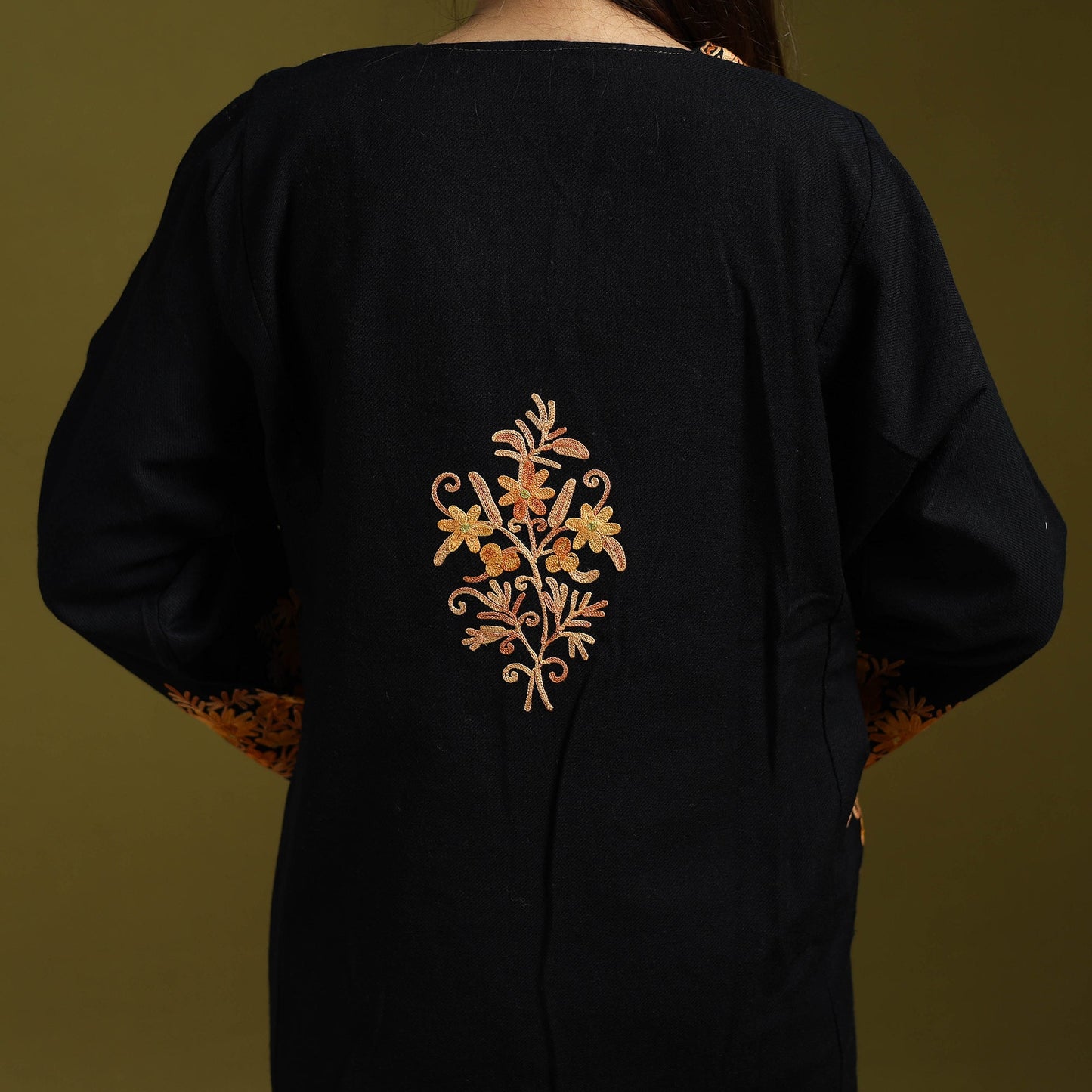 Black - handwoven aari embroidered kashmiri merino wool