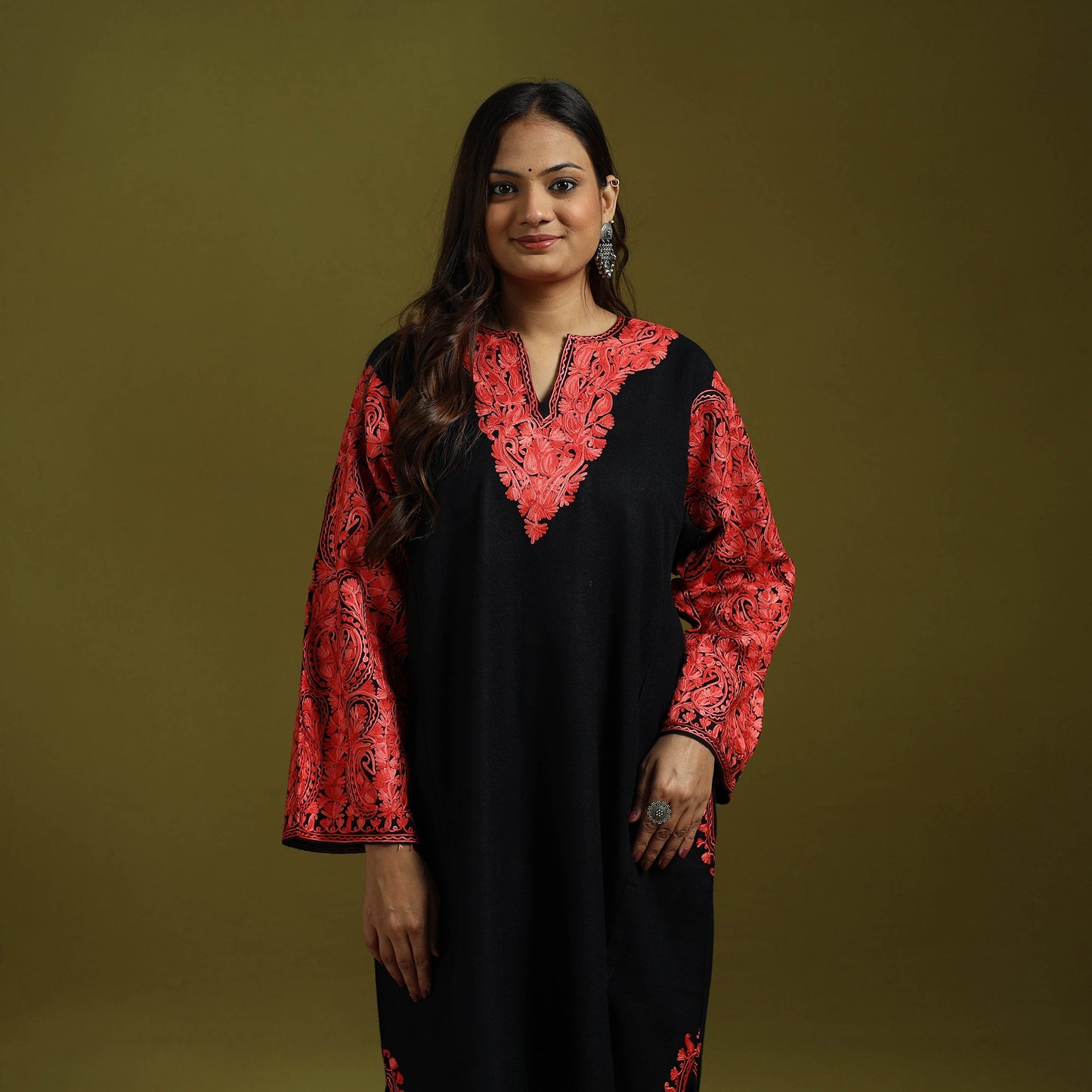 Black - handwoven aari embroidered kashmiri merino wool