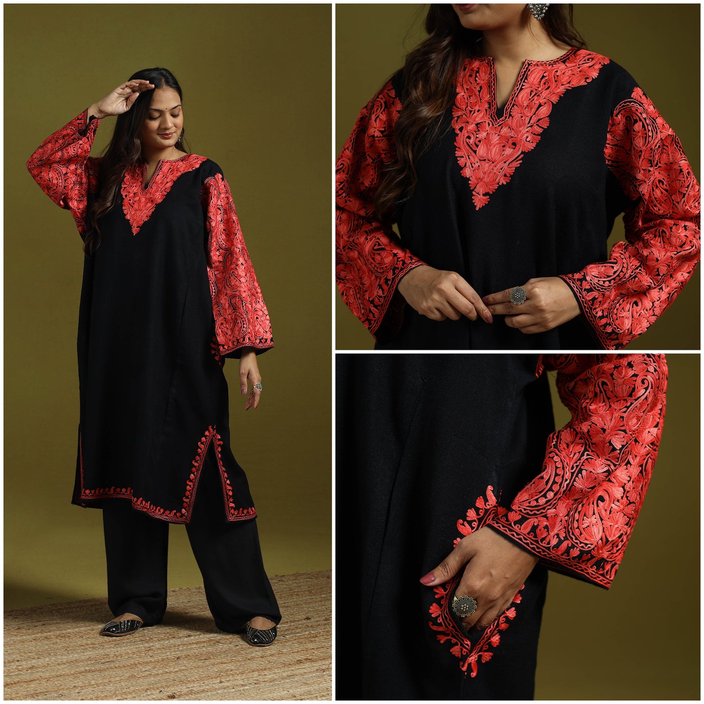 Black - handwoven aari embroidered kashmiri merino wool