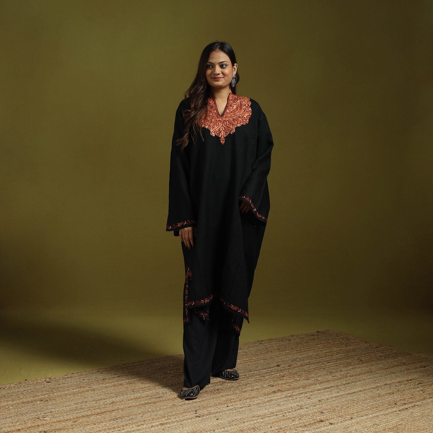 Black - handwoven aari hand embroidered kashmiri merino