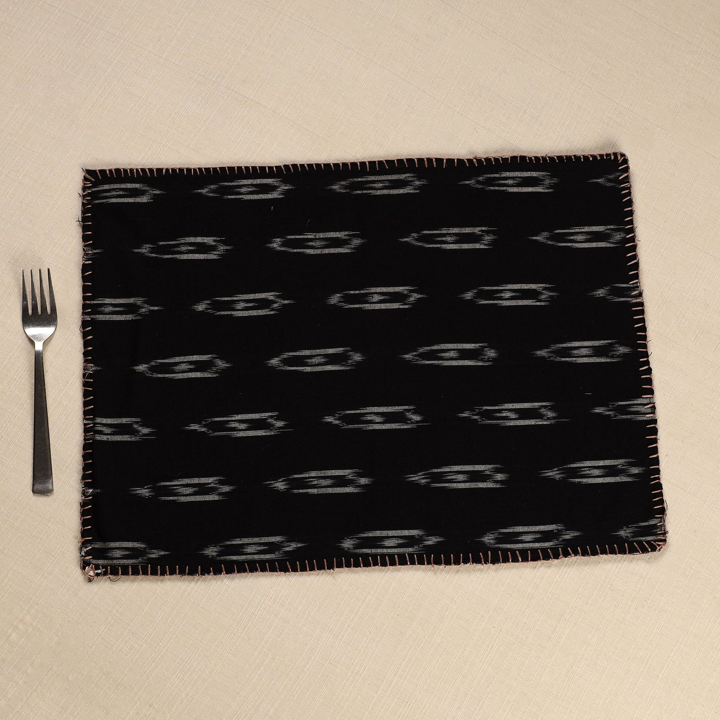 Black Ikat Cotton Hand Embroidery Table Mat (18 x 13 in) 02