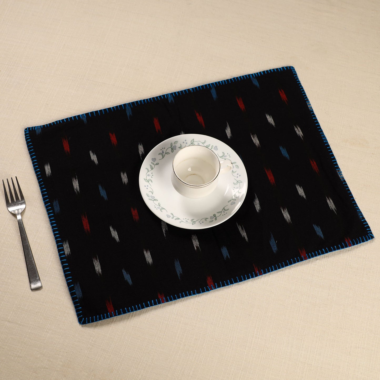 Black Ikat Cotton Hand Embroidery Table Mat (18 x 13 in) 05