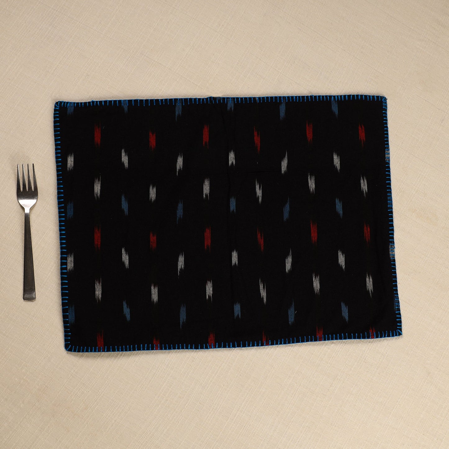 Black Ikat Cotton Hand Embroidery Table Mat (18 x 13 in) 05