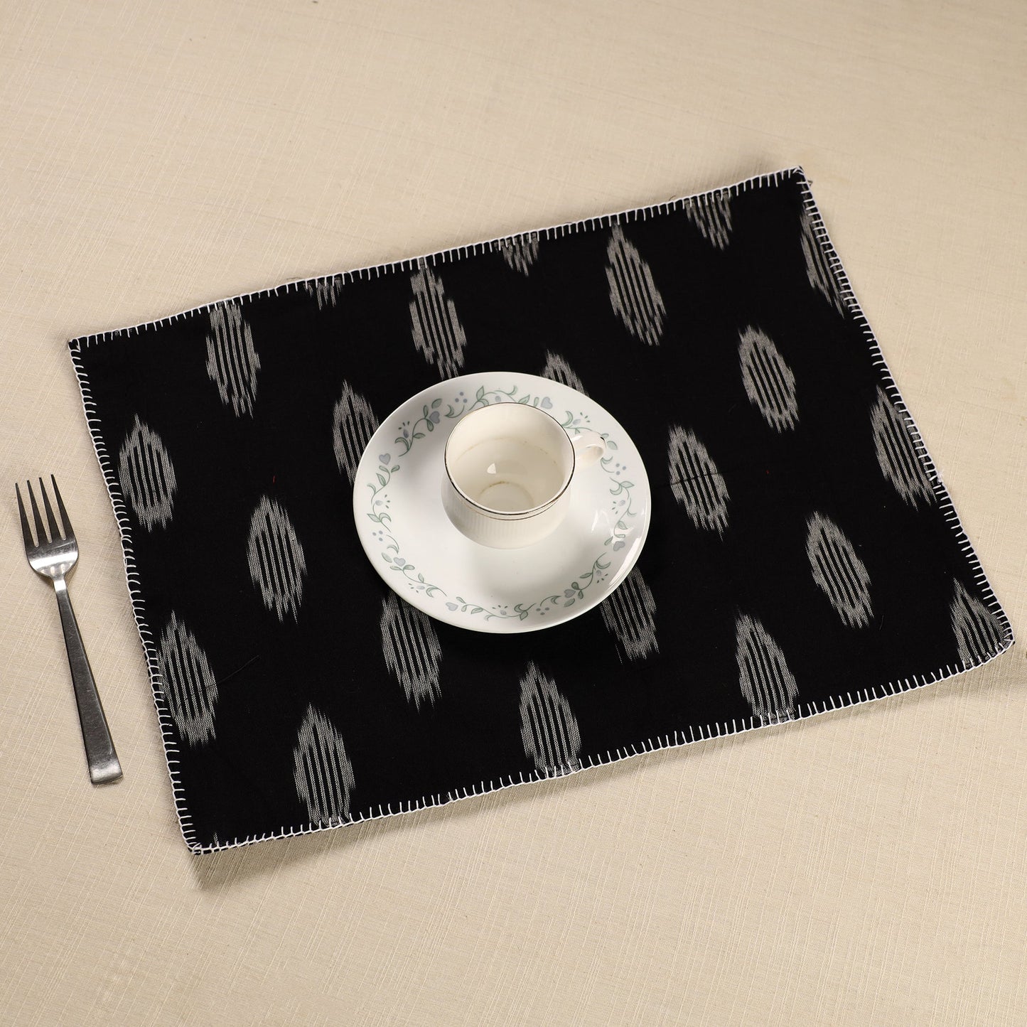 Black Ikat Cotton Hand Embroidery Table Mat (18 x 13 in) 07