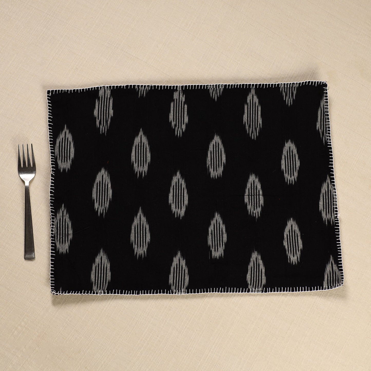 Black Ikat Cotton Hand Embroidery Table Mat (18 x 13 in) 07