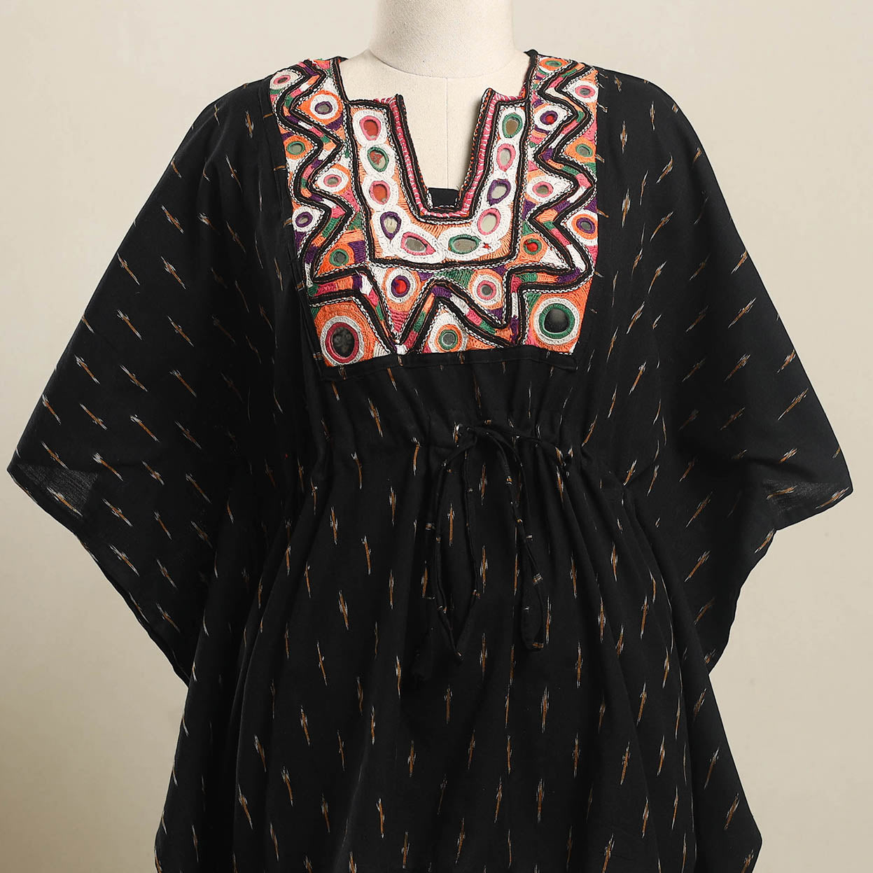 Black Ikat Cotton Kaftan with Desert Thread Embroidery