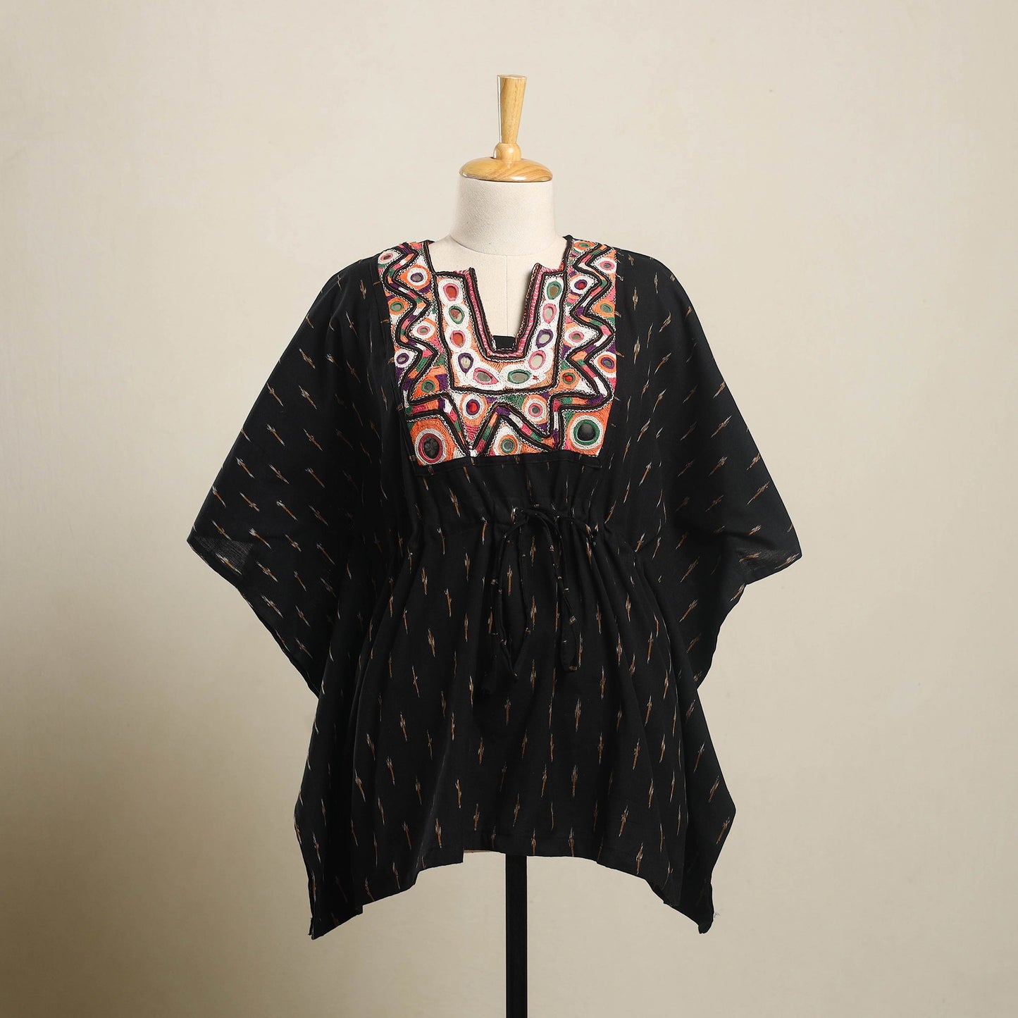 Black Ikat Cotton Kaftan with Desert Thread Embroidery