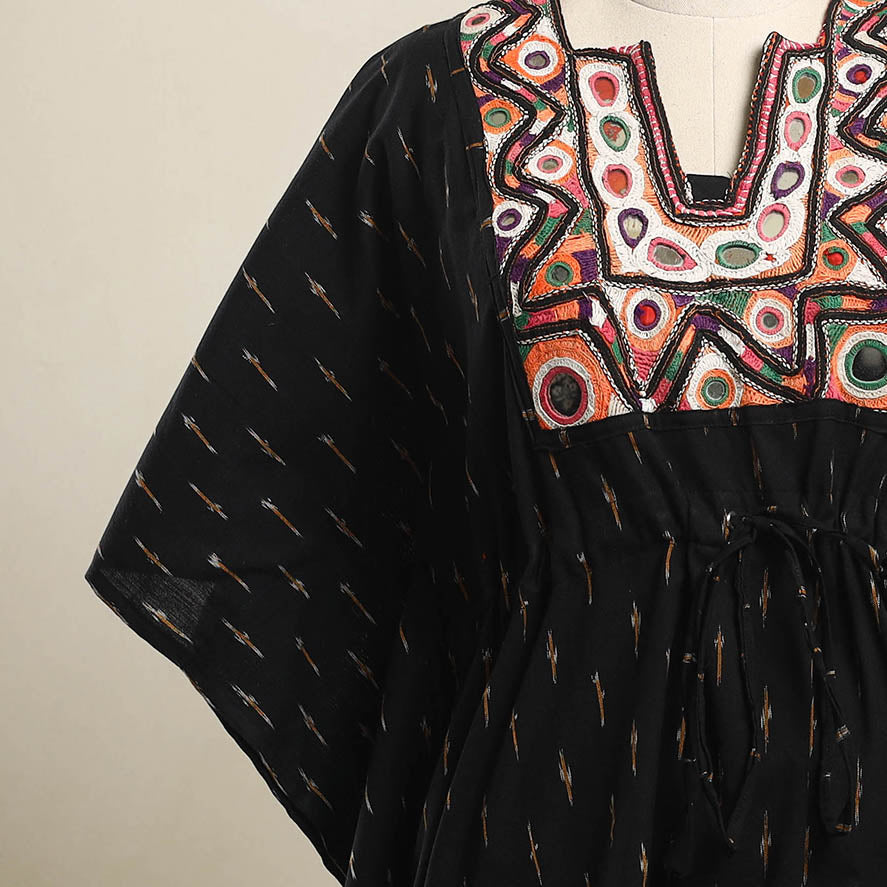 Black Ikat Cotton Kaftan with Desert Thread Embroidery
