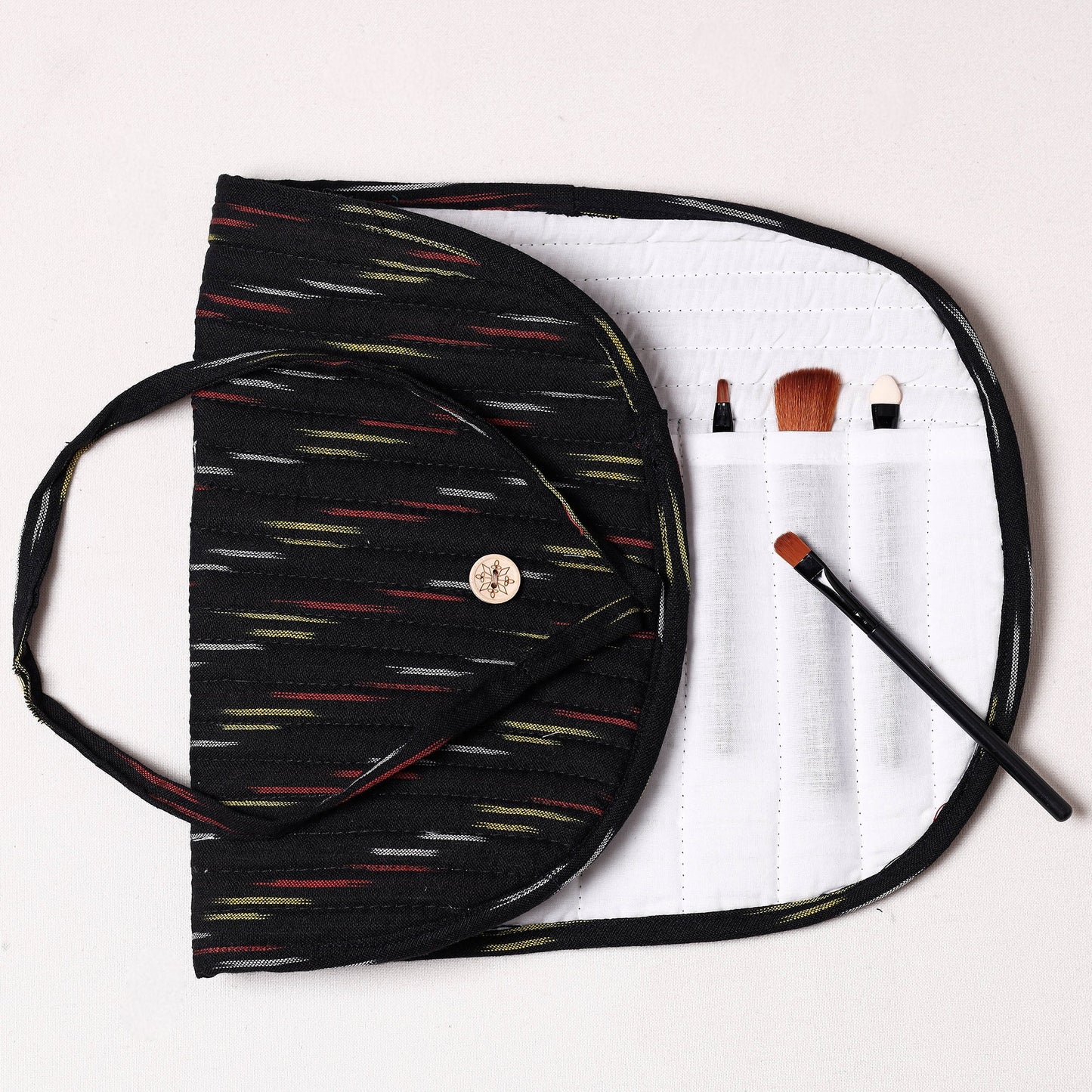 Ikat Fabric Multipurpose Segmented Make-up Brush Wrap Pouch/Case