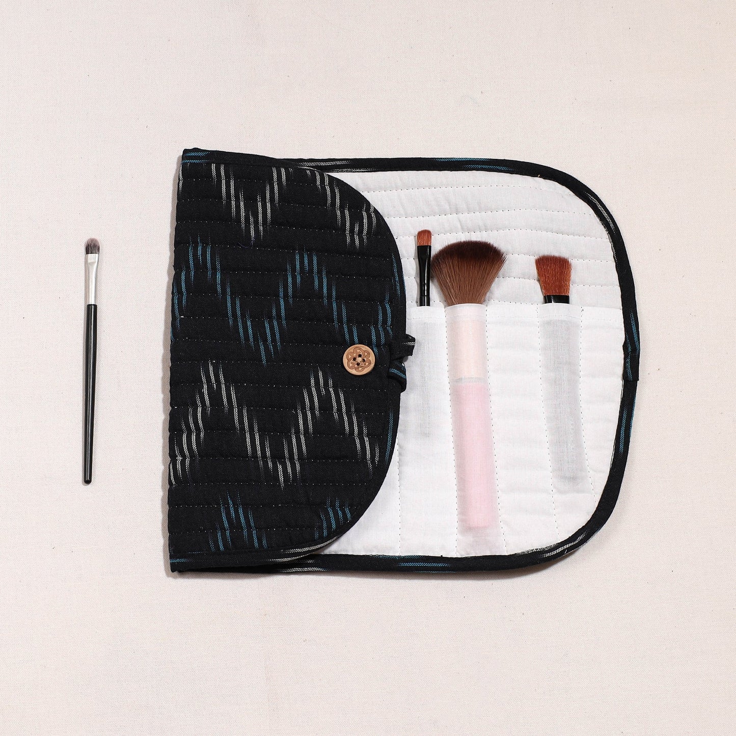 Ikat Fabric Multipurpose Segmented Make-up Brush Wrap Pouch/Case