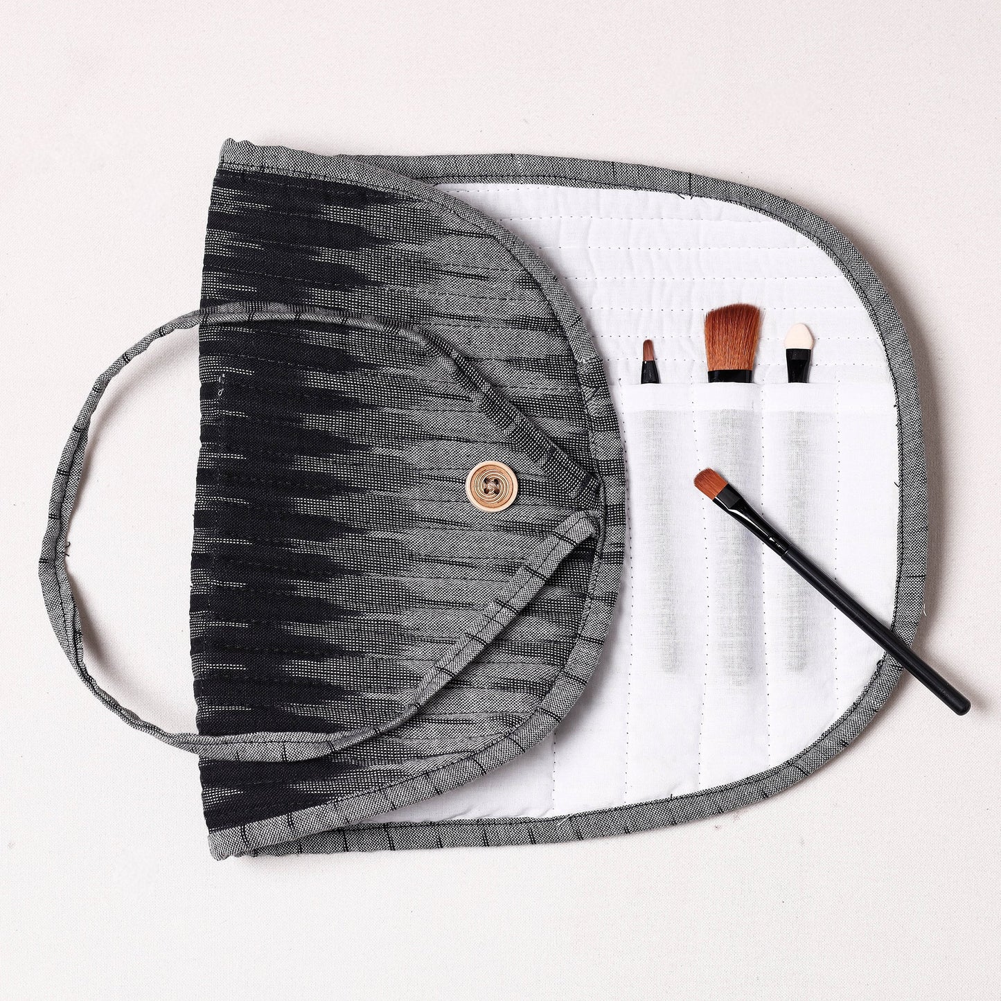 Ikat Fabric Multipurpose Segmented Make-up Brush Wrap Pouch/Case