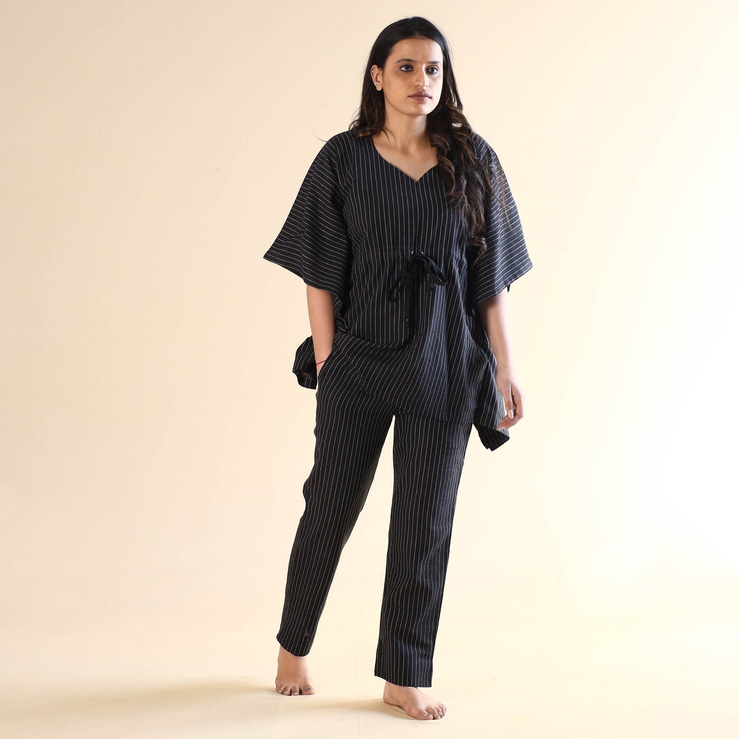 Black jacquard cotton kaftan & pyjama night suit set