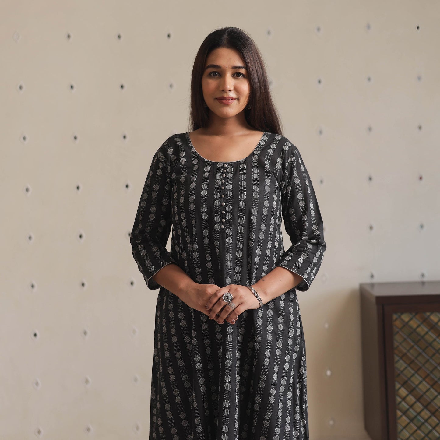 Black Jacquard Cotton Long Kurta for Women