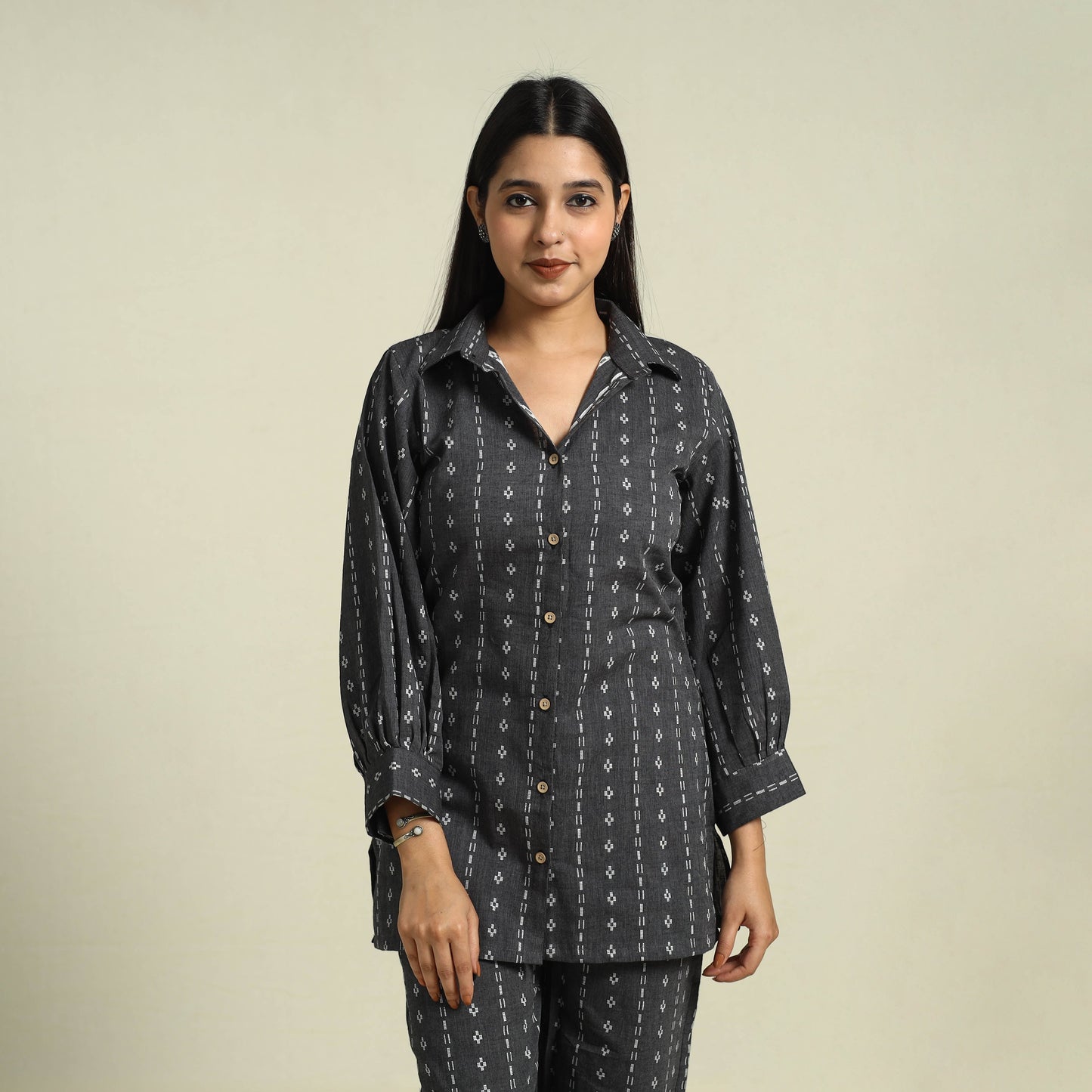 Black Jacquard Cotton Top & Pyjama Night Suit Set