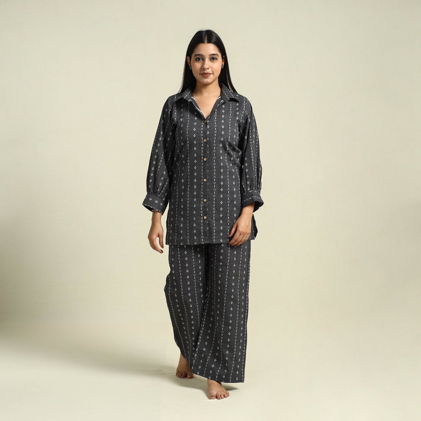 Black Jacquard Cotton Top & Pyjama Night Suit Set