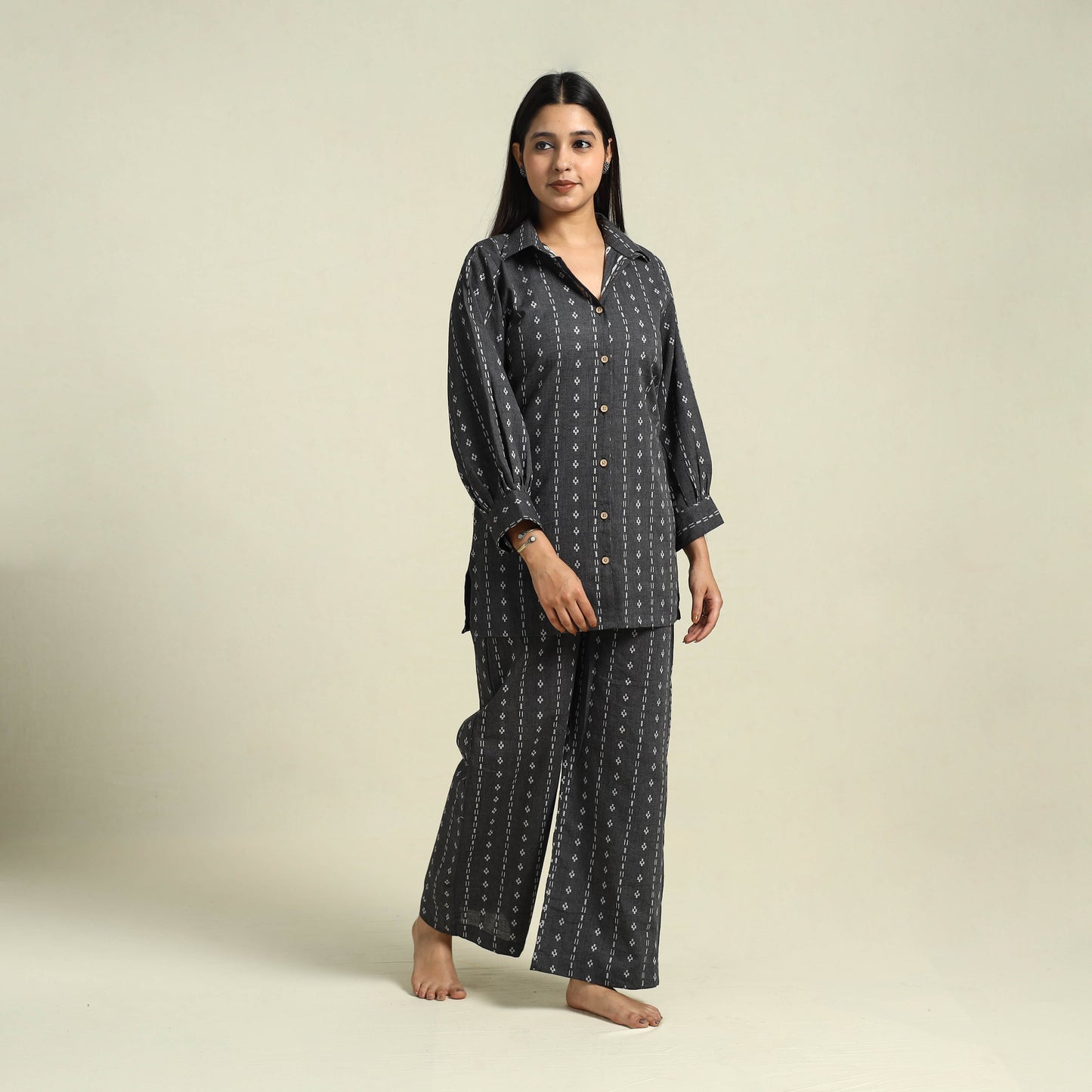 Black Jacquard Cotton Top & Pyjama Night Suit Set