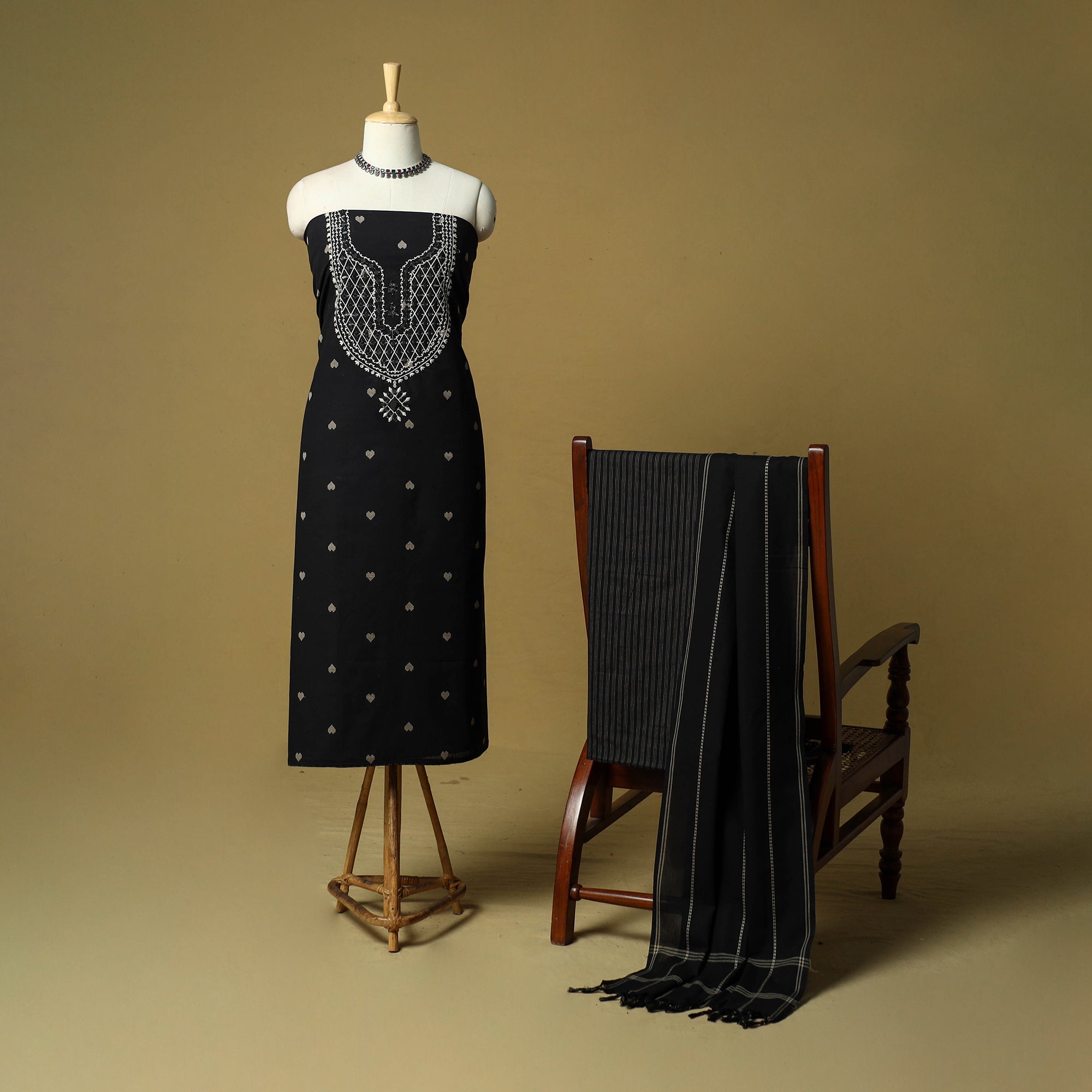 Black Jacquard Mirror Work Embroidered Cotton 3pc Unstitched Dress Material Suit Sets
