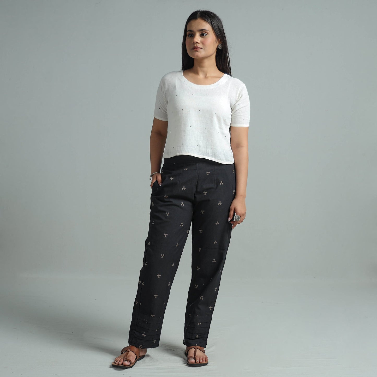 Black - jacquard weave cotton elasticated pant 01