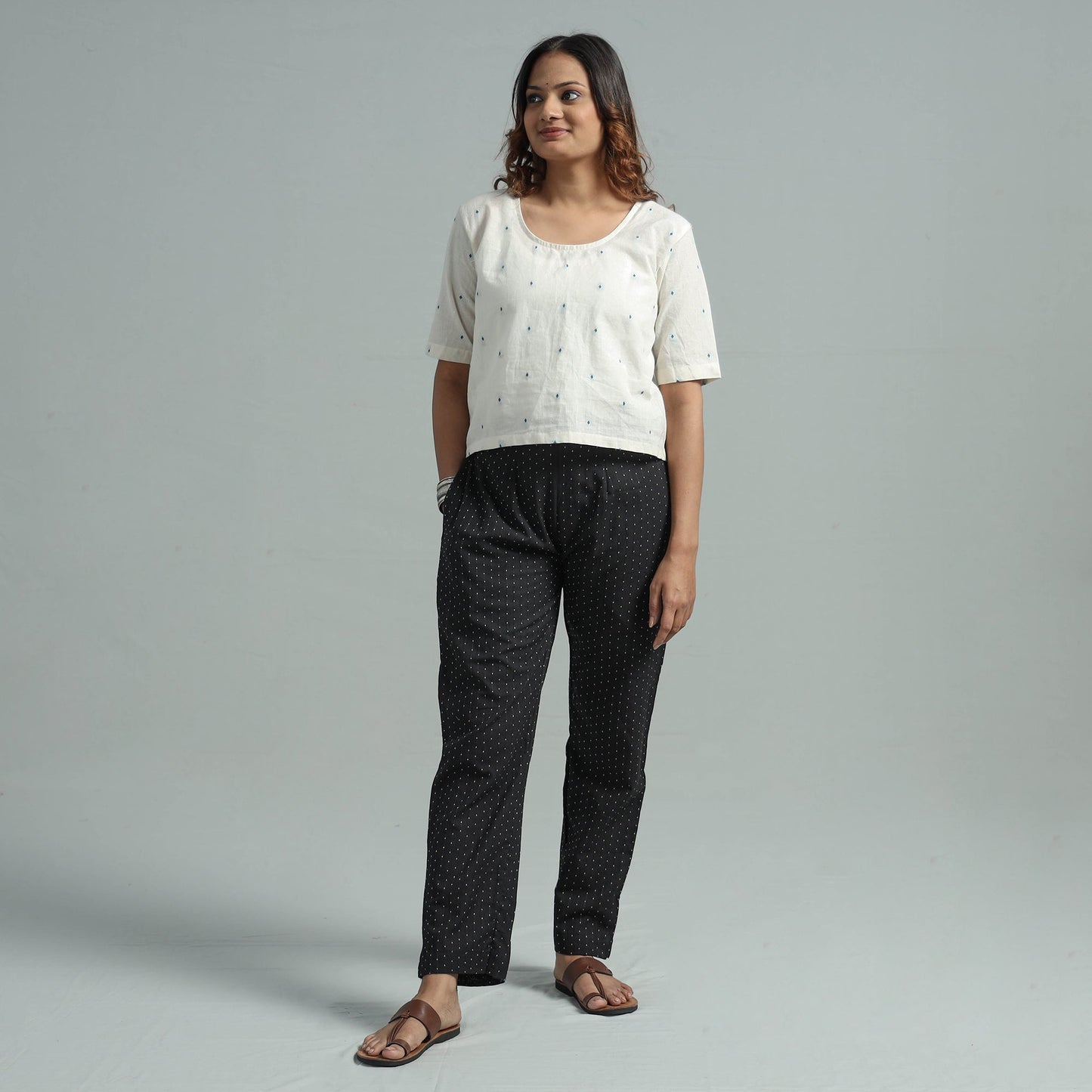 Black - jacquard weave cotton elasticated pant - handcrafted