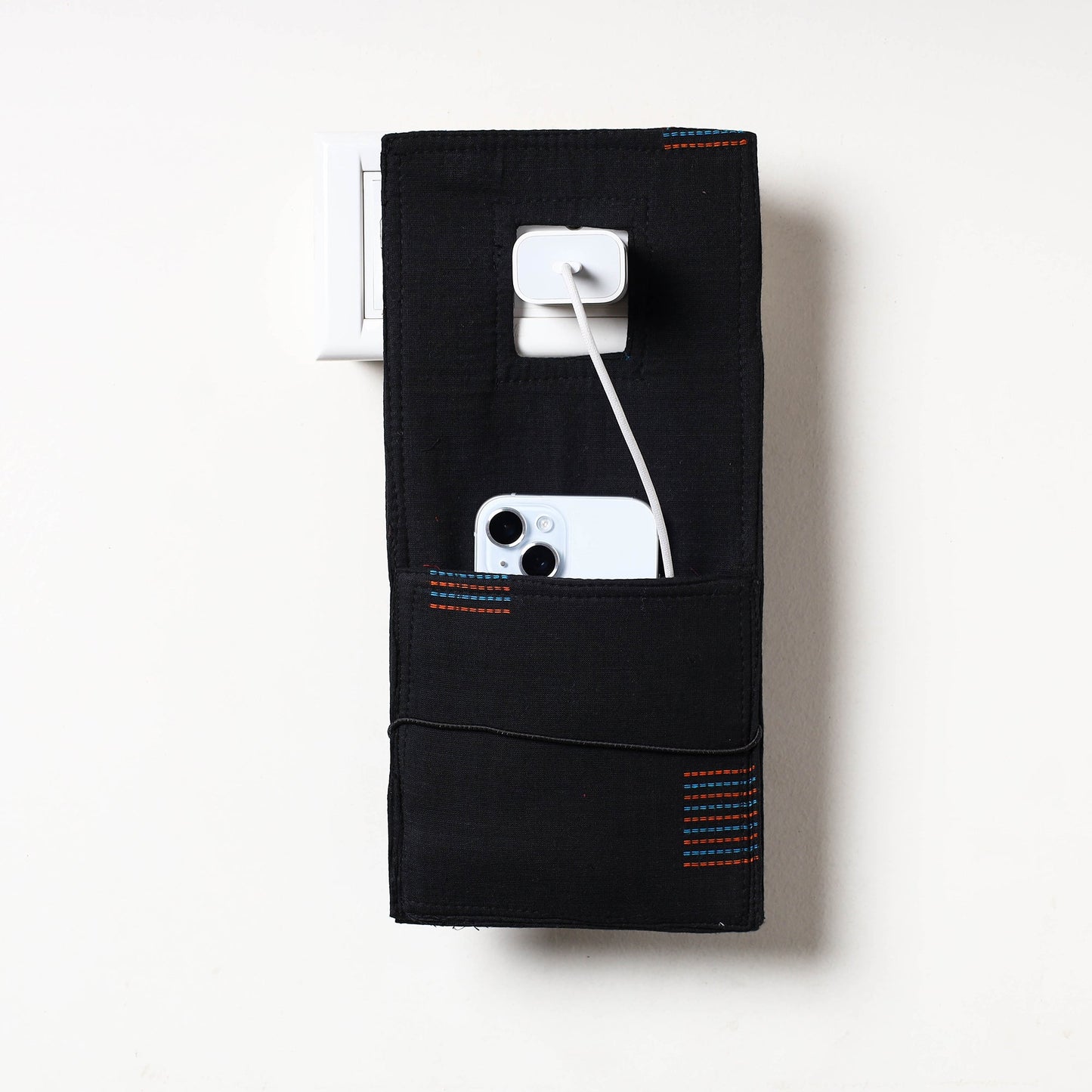 Black Jacquard Weave Cotton Fabric Mobile Charging Holder