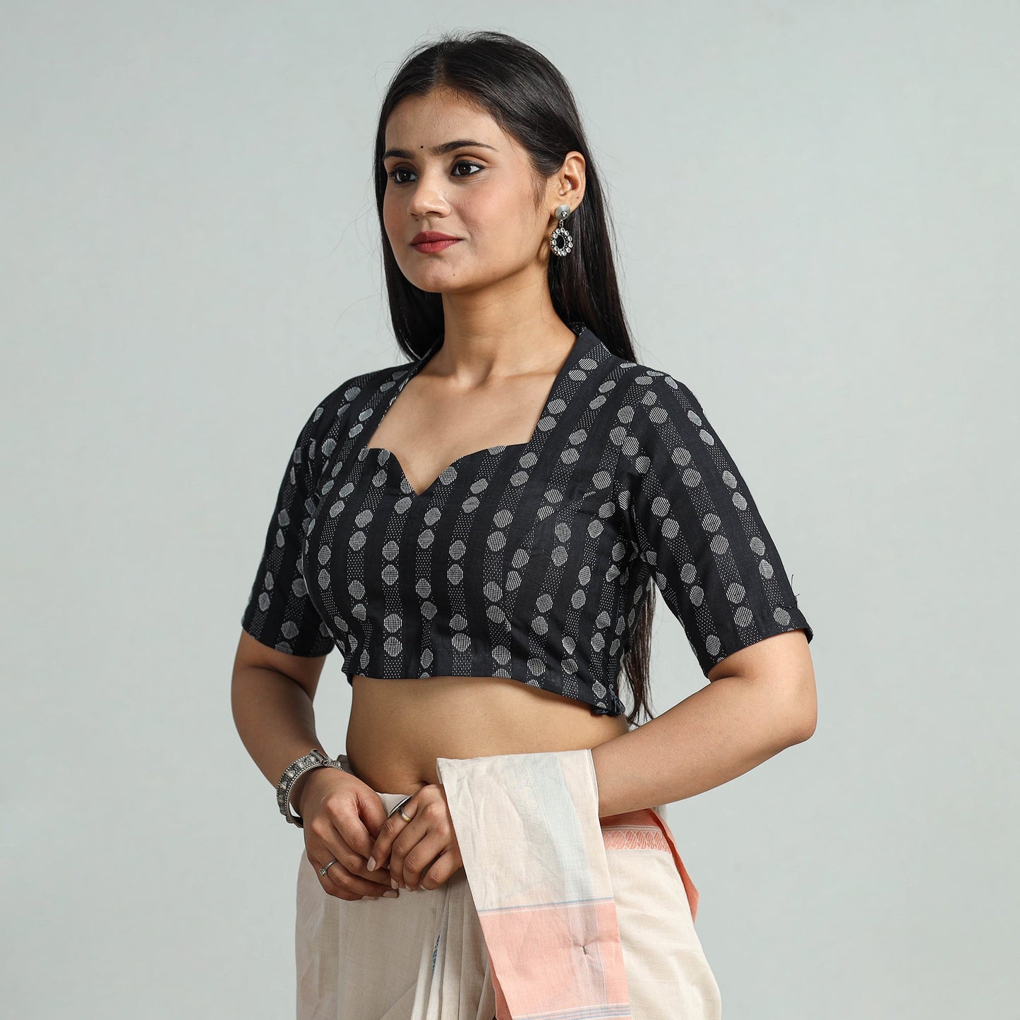 Buy Black Jacquard Weave Cotton Stitched Blouse