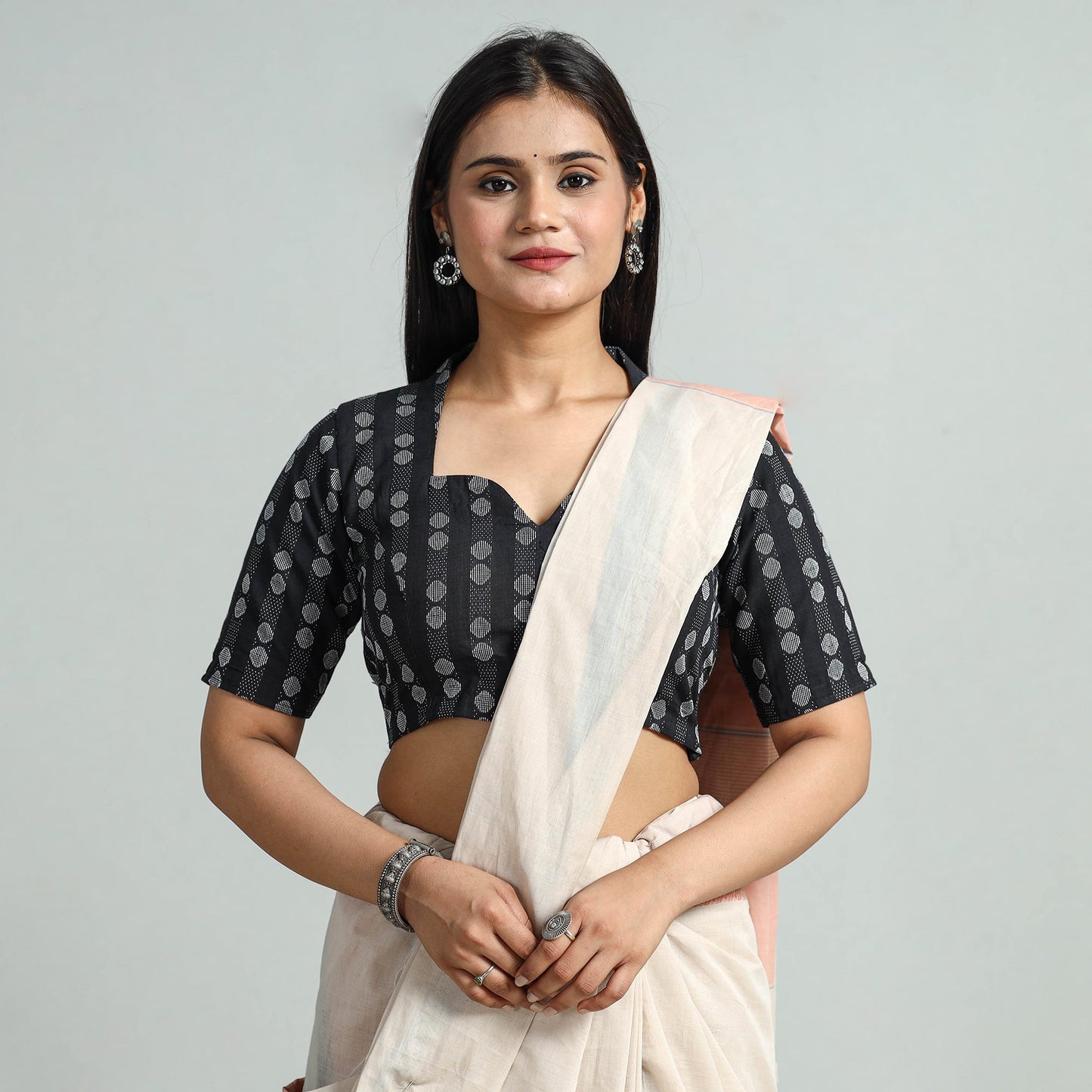 Buy Black Jacquard Weave Cotton Stitched Blouse