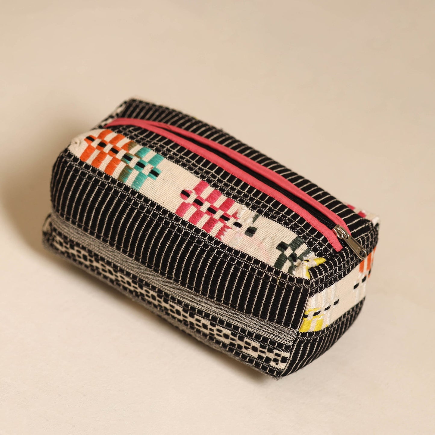 Black Jacquard Weave Cotton Toiletry Pouch
