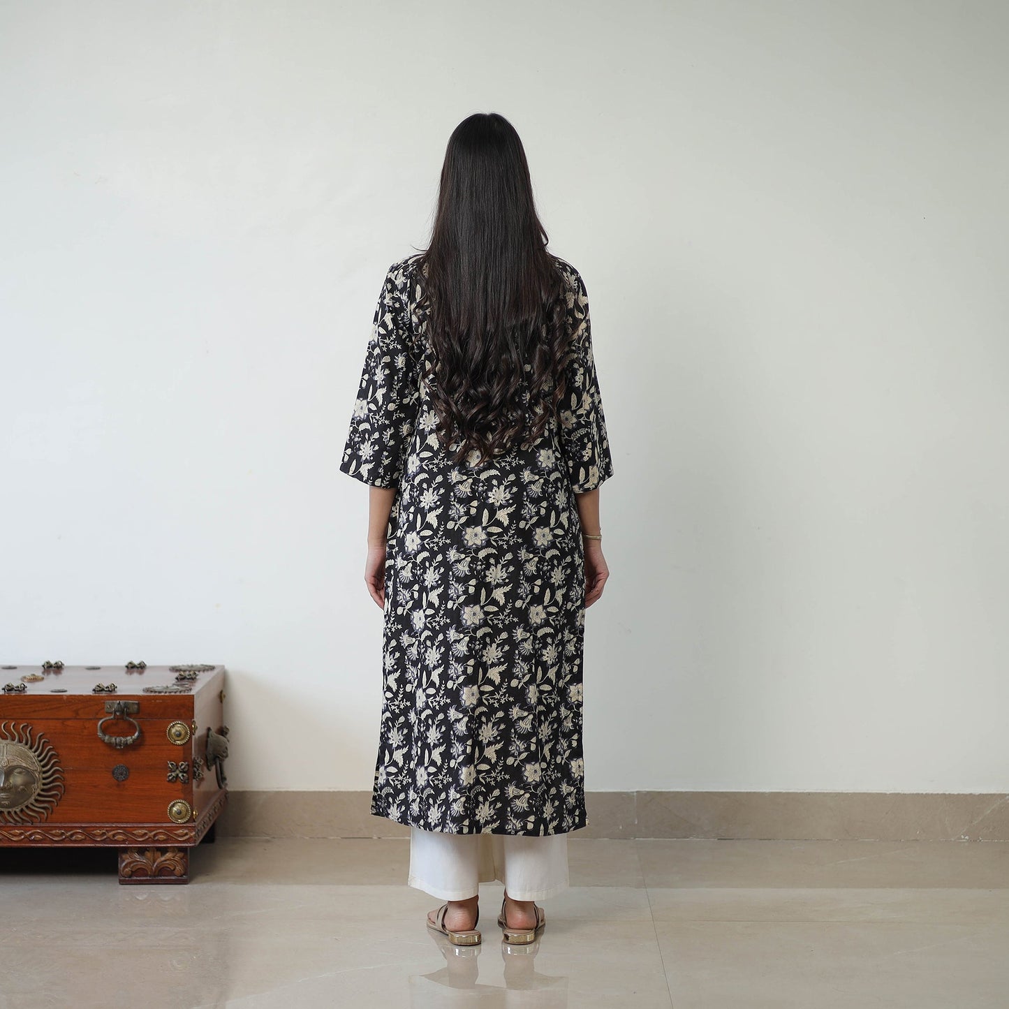 Black Jaipur Print Cotton Pintuck Long Kurta Online