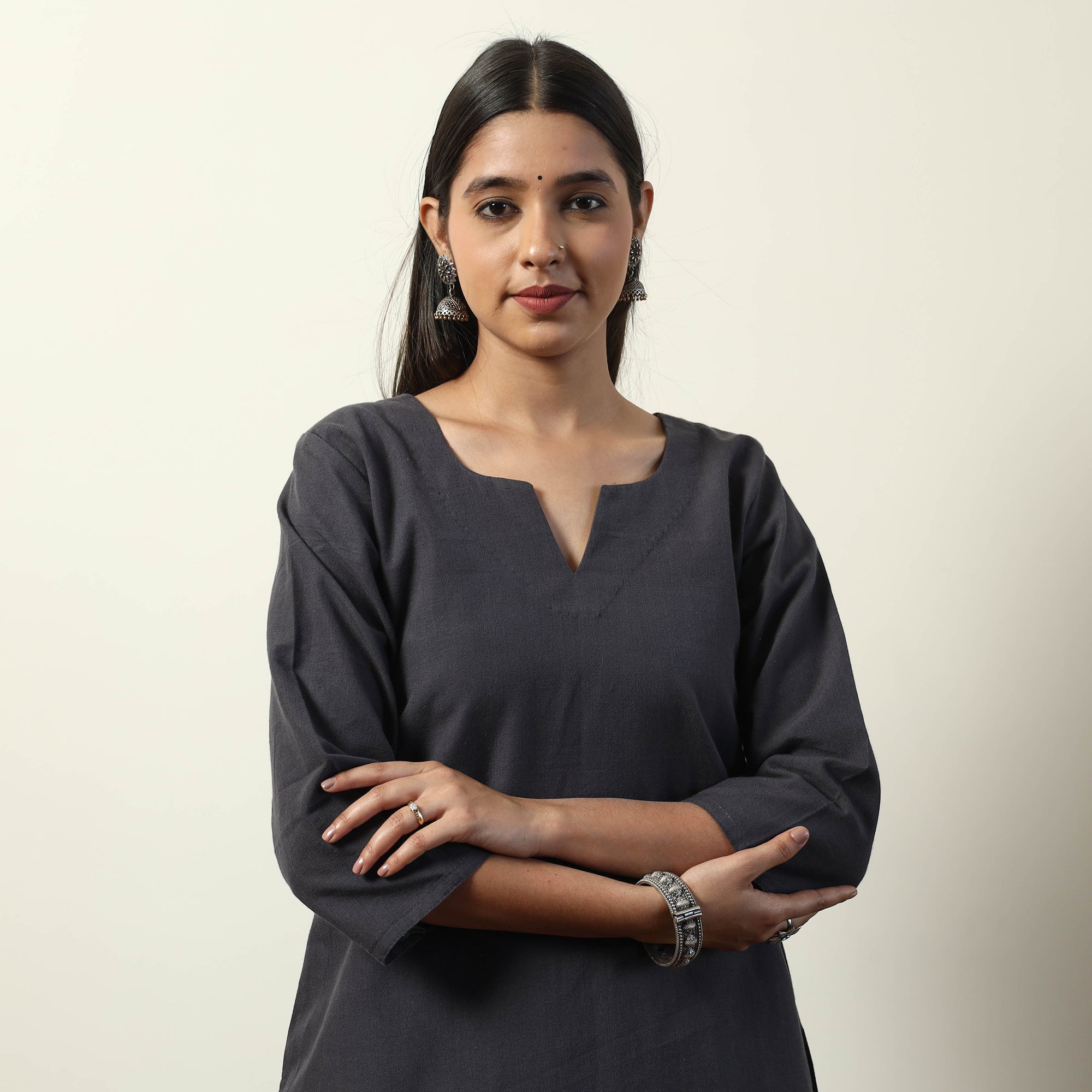 Light Grey Plain Jhiri Handloom Cotton Pintuck Long Kurta