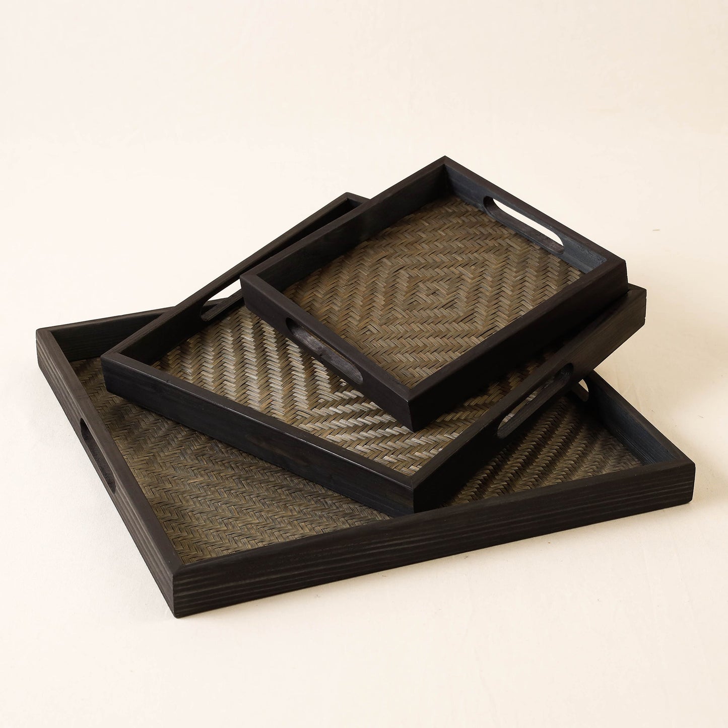 Black Kadam Haat Handmade Bamboo Square Tray (Set of 3)