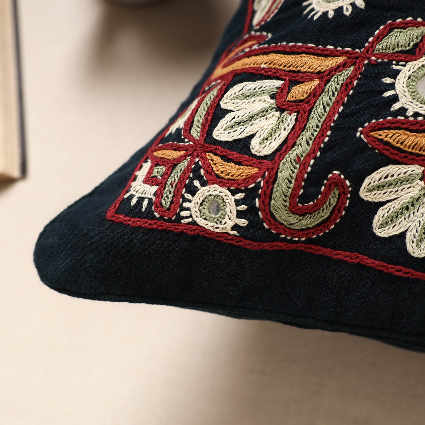 Black Kala Raksha Pakko Hand Embroidery Cotton Cushion Cover