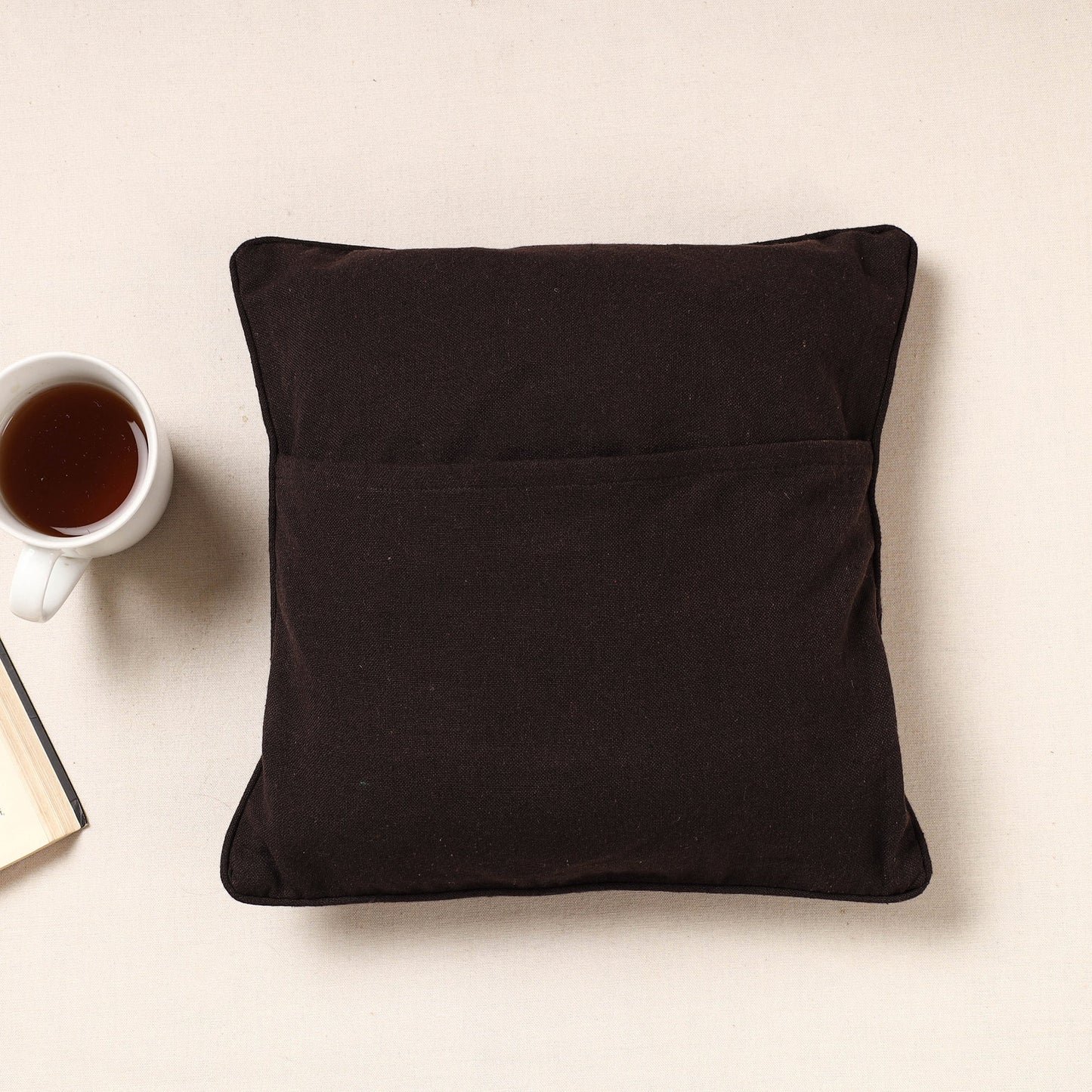 Black Kala Raksha Rabari Applique Hand Embroidery Cotton Cushion Cover