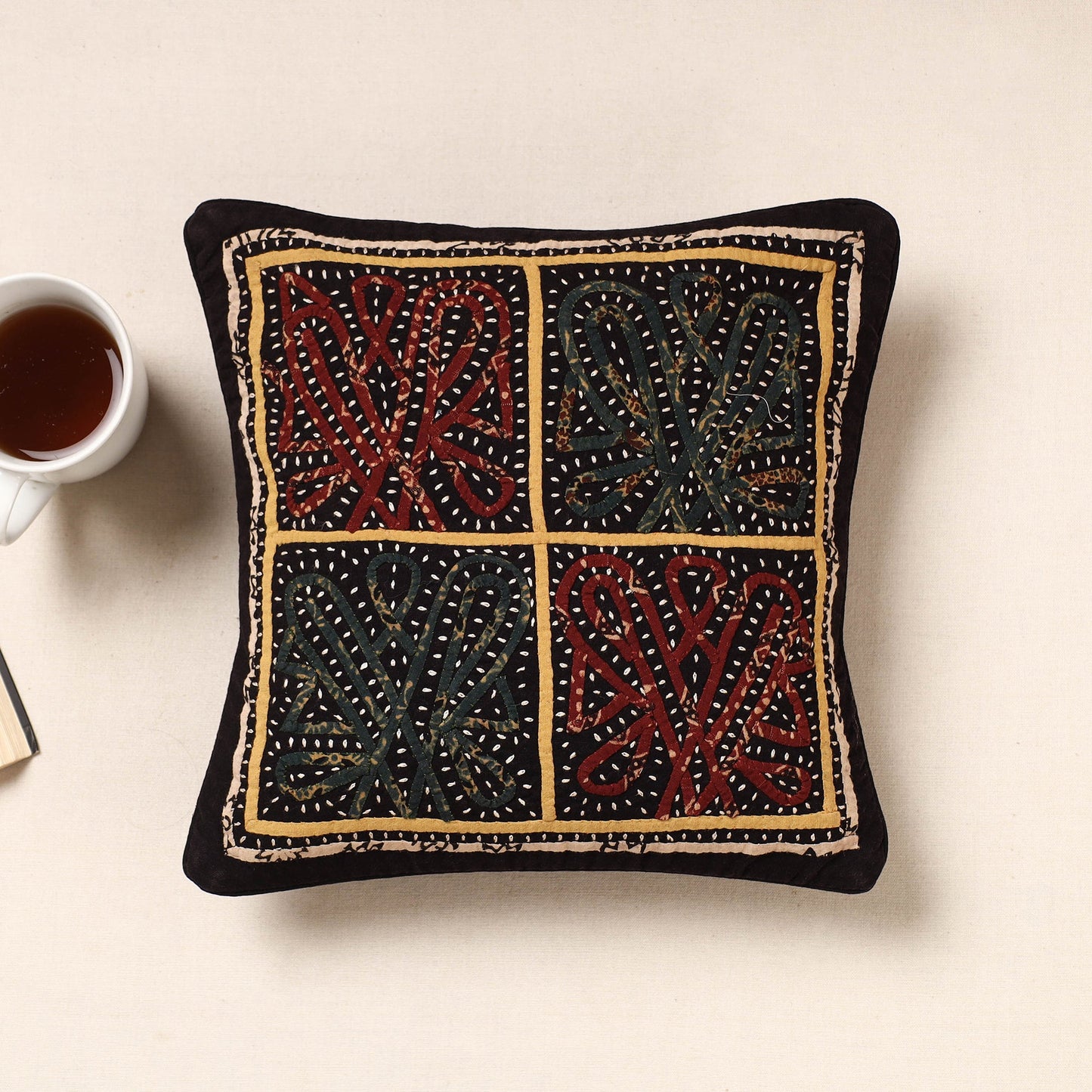 Black Kala Raksha Rabari Applique Hand Embroidery Cotton Cushion Cover