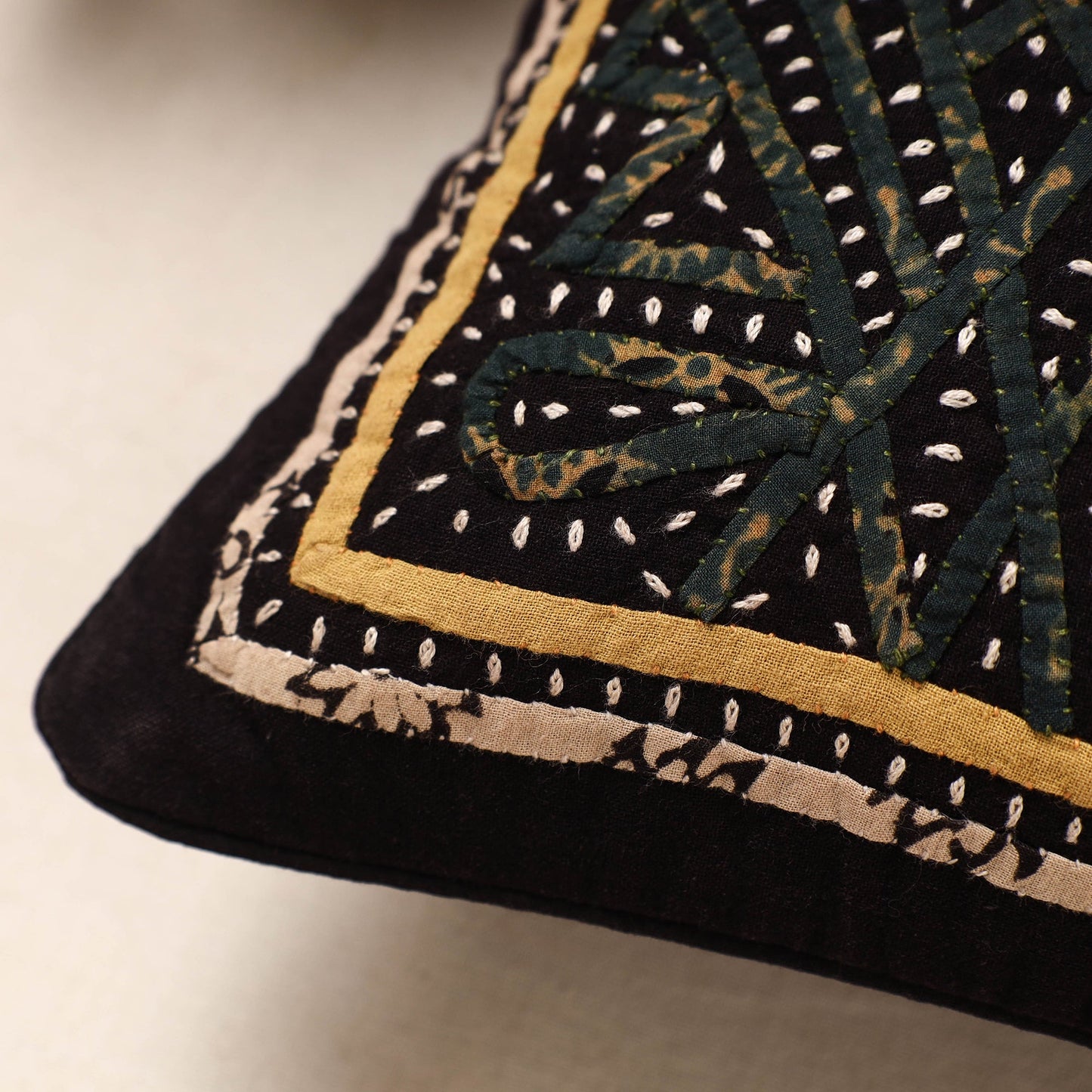 Black Kala Raksha Rabari Applique Hand Embroidery Cotton Cushion Cover