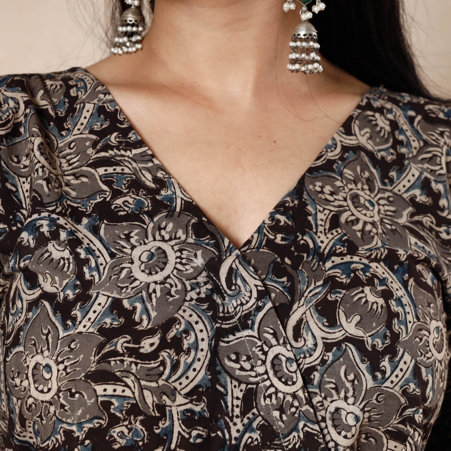Black - kalamkari printed cotton flared dress - handcrafted