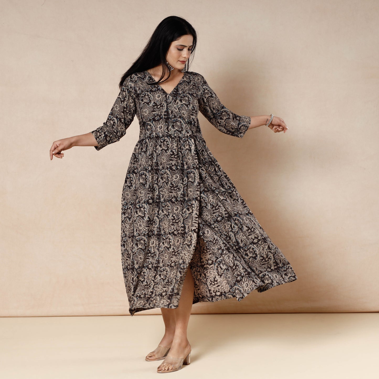Black - kalamkari printed cotton flared dress - handcrafted