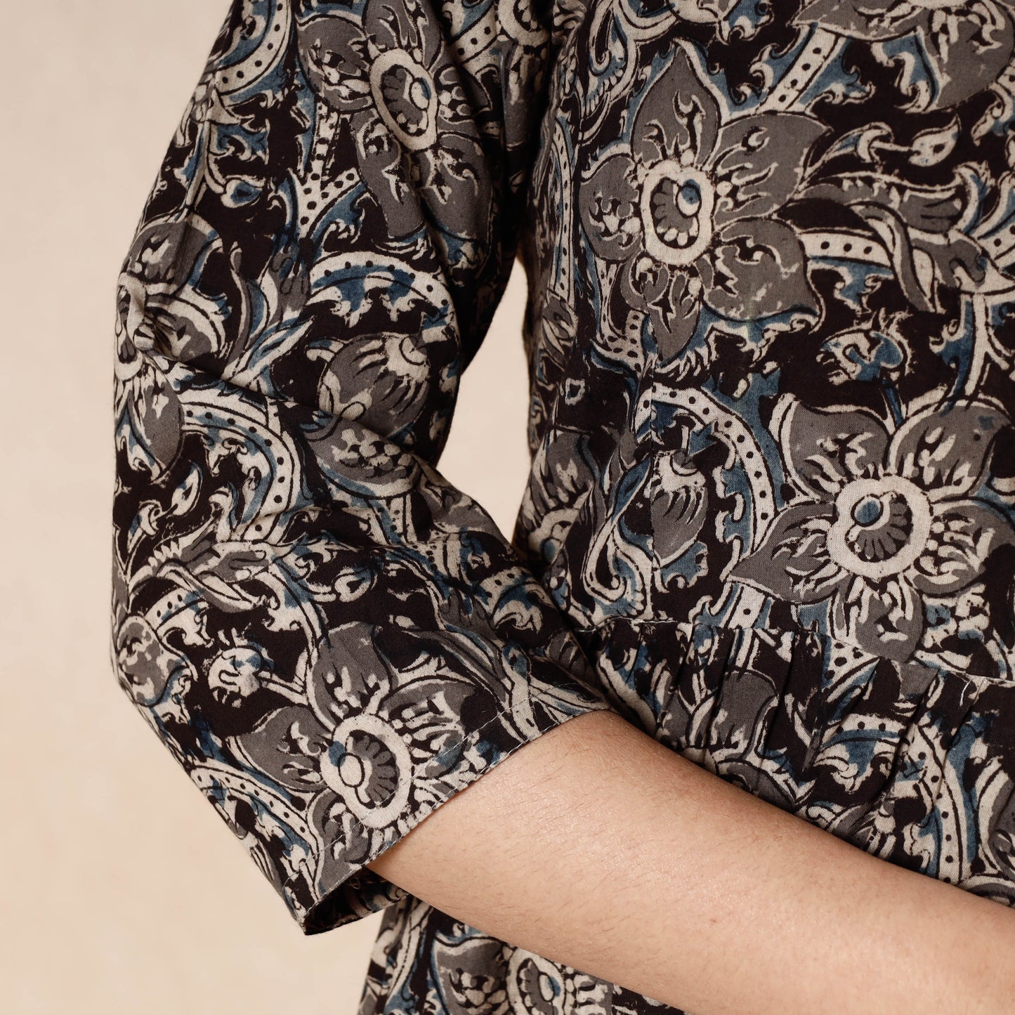 Black - kalamkari printed cotton flared dress - handcrafted