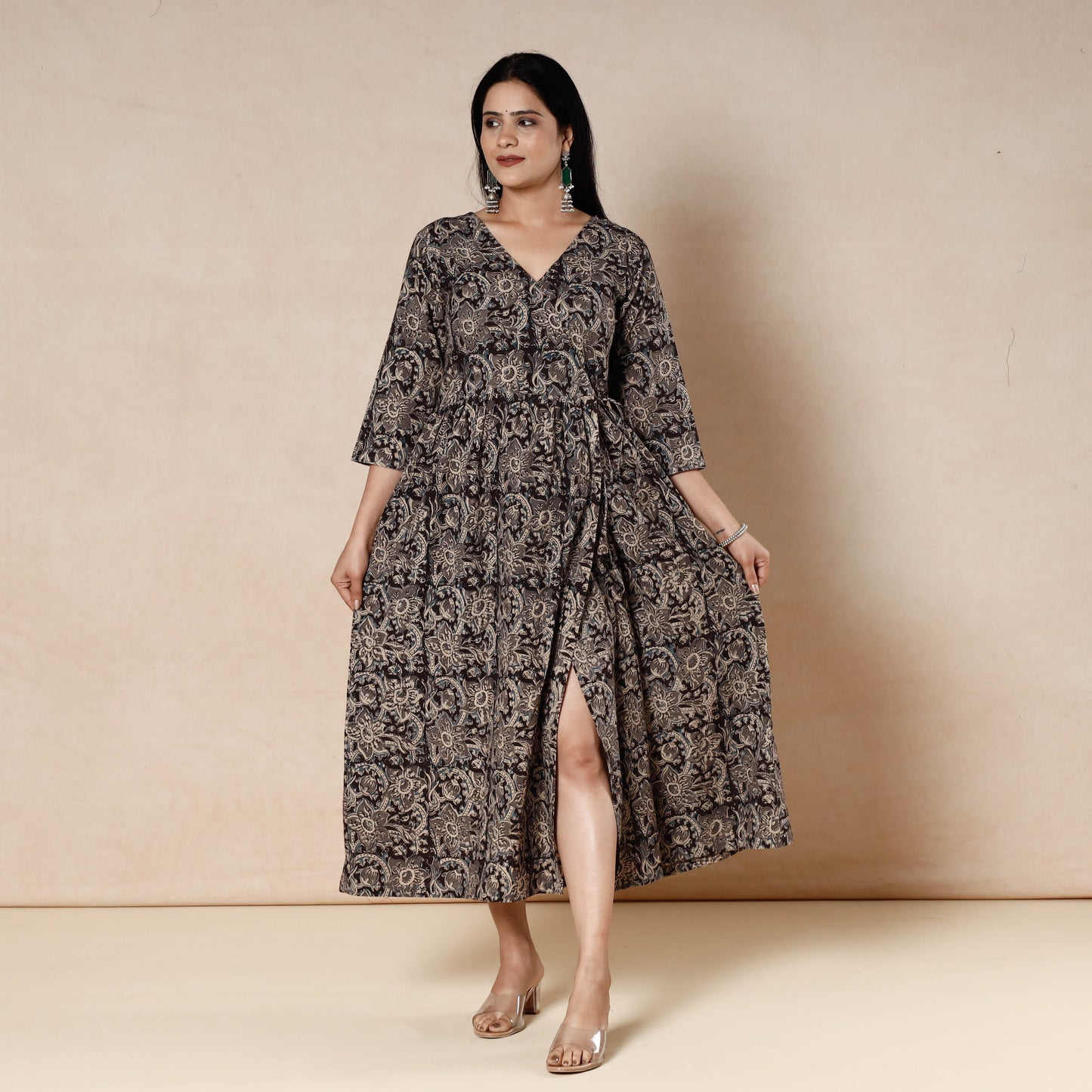 Black - kalamkari printed cotton flared dress - handcrafted